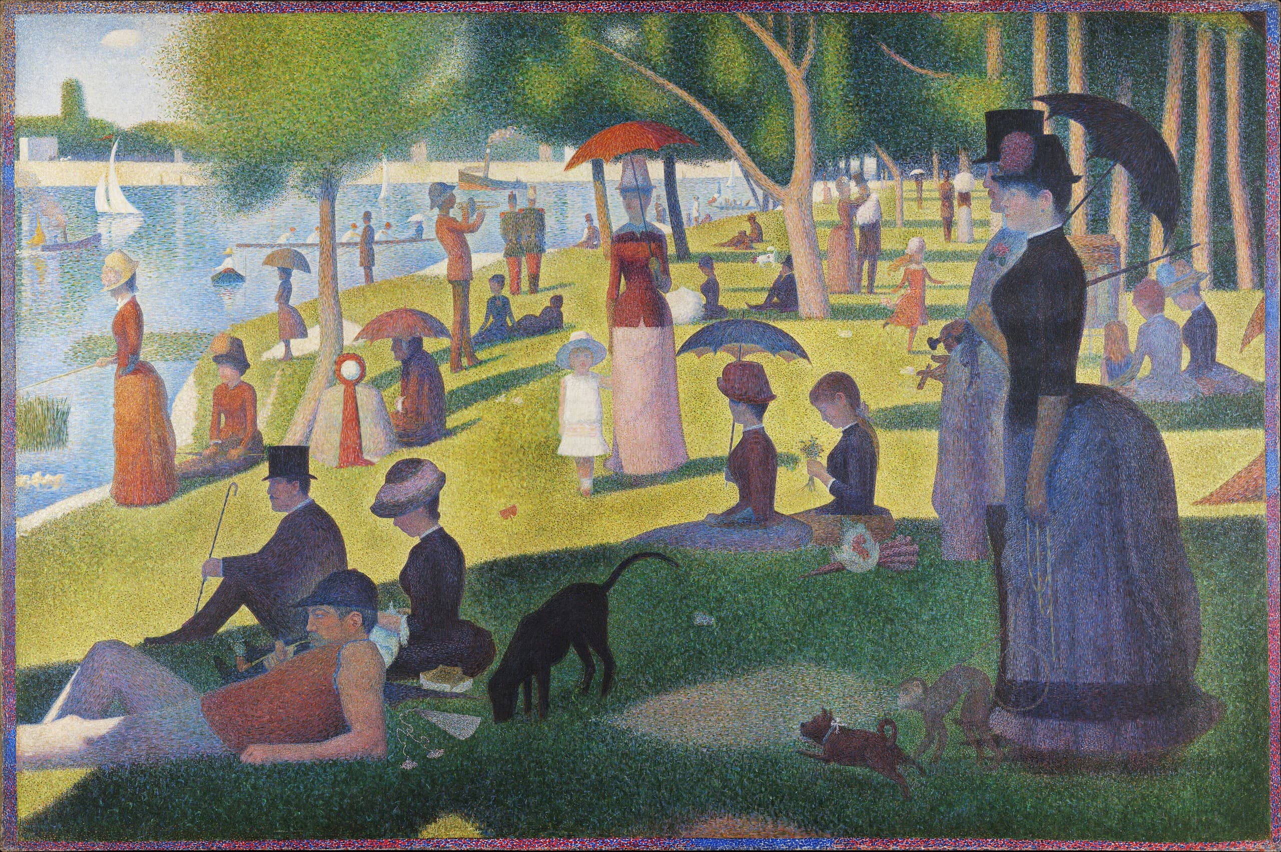 A wide park scene with dozens of figures arranged across grass and along a riverbank. Most are in profile, standing or seated in stiff poses. At the right, a woman in a bustle walks a small monkey. The entire surface is built from small dots of colour.