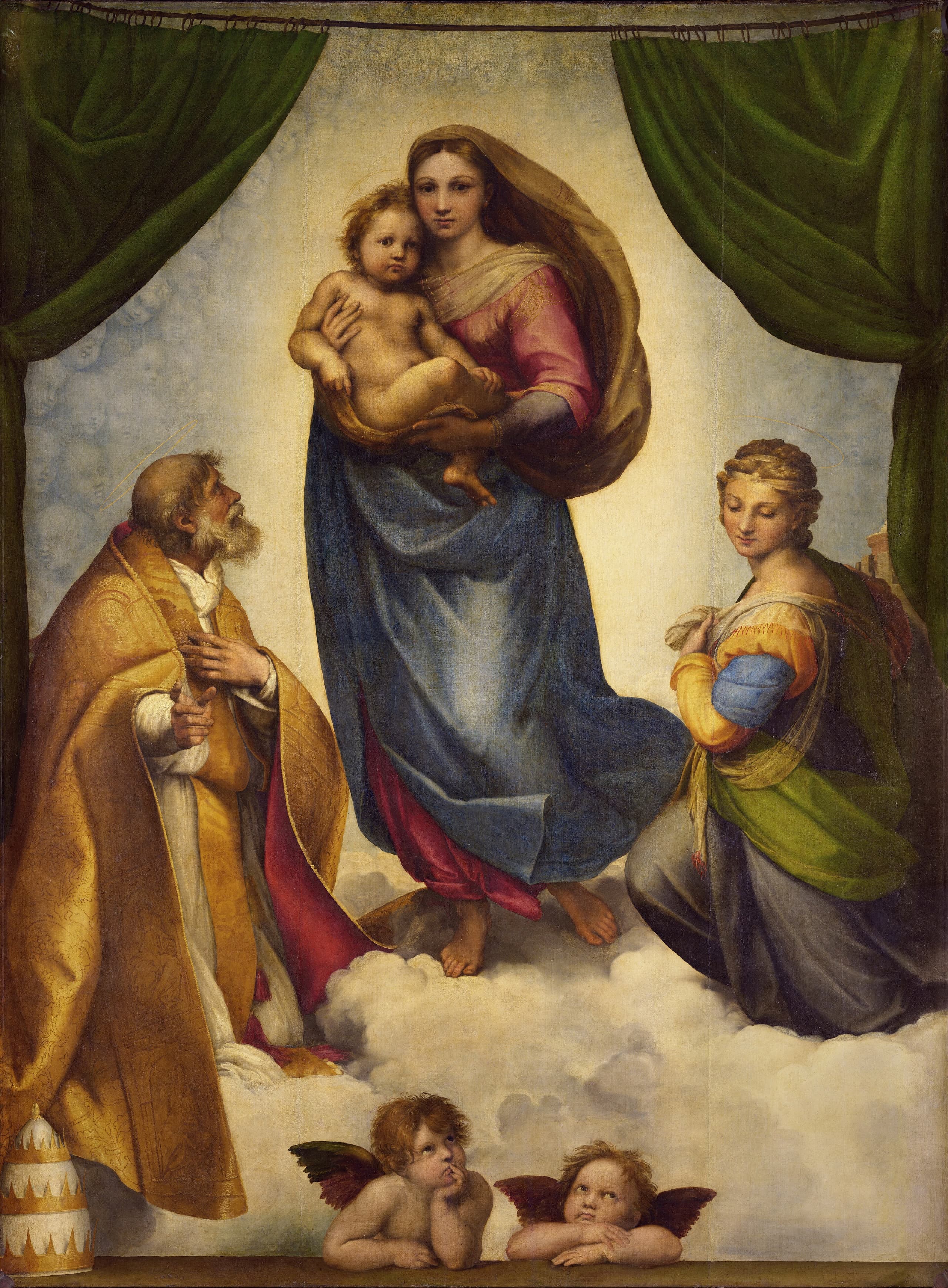 A woman in red and blue robes holds an infant, standing on cloud. Two figures in papal and monastic dress flank her. Below, two small winged children rest their chins on a ledge, looking outward.