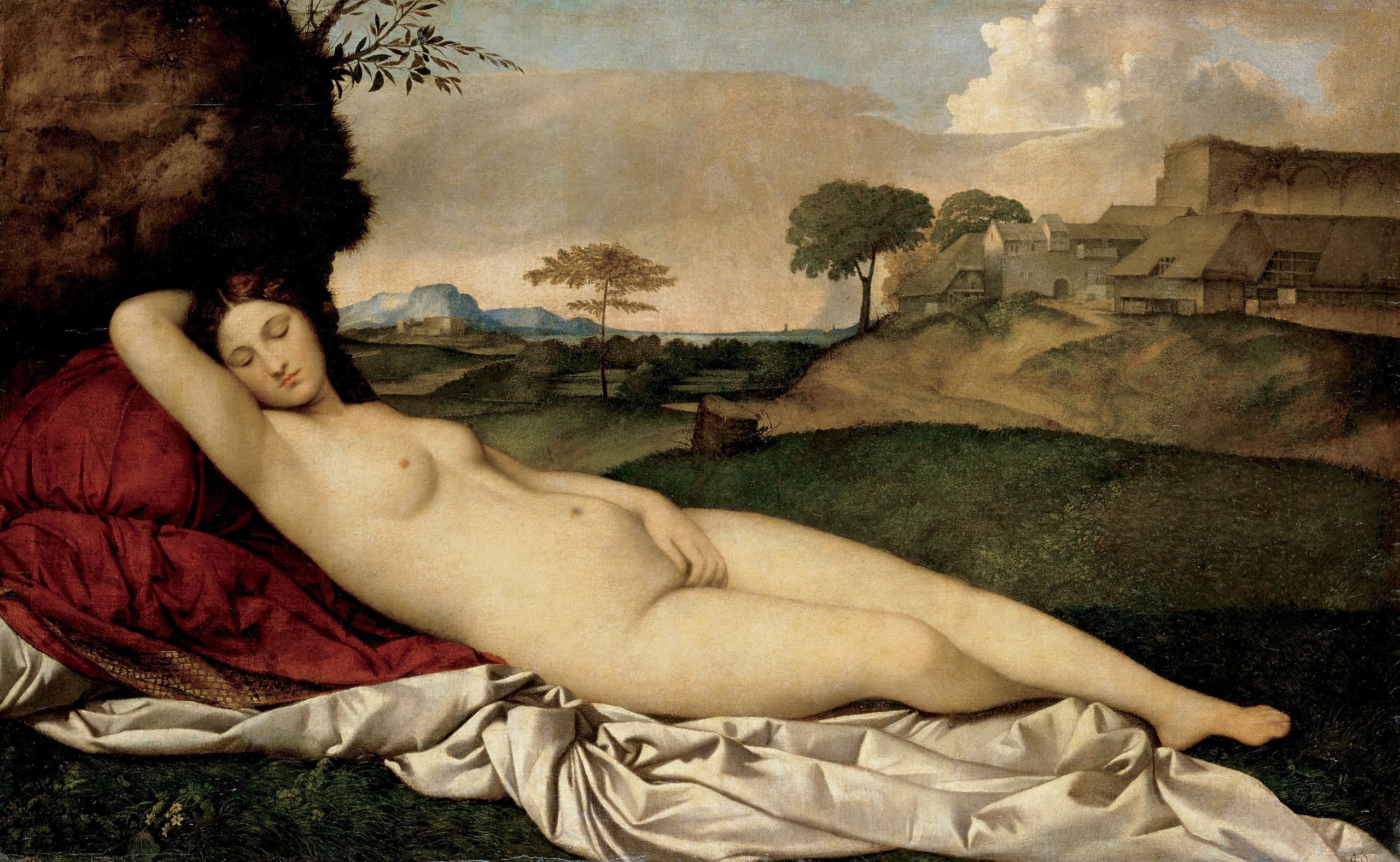 A nude woman sleeps on pale drapery in a wide landscape, her body stretched across the foreground, hills and sky extending behind her under soft light.
