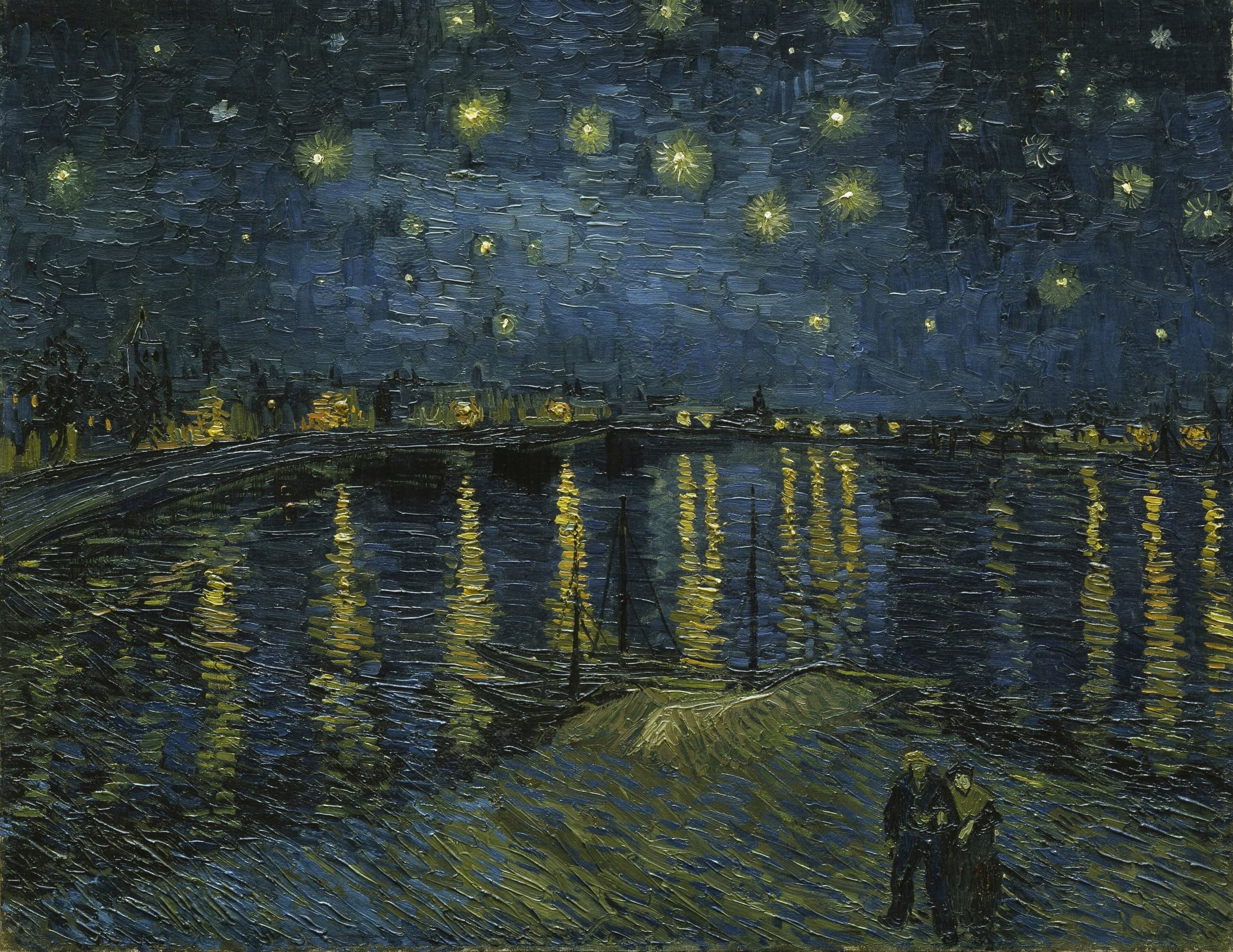 A wide night landscape: deep blue sky with scattered bright stars above a dark river. Warm lights line the far bank and drop broken yellow reflections into the water. Two small figures stand on the near shore in the lower left.