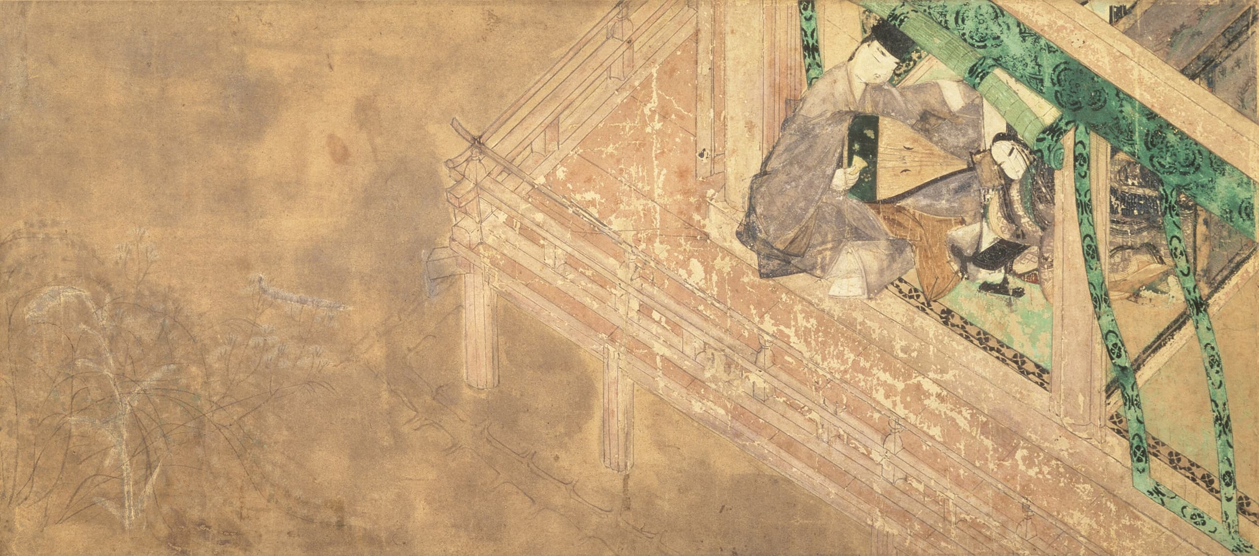 A room seen from above with no roof, walls and mats at diagonals. Figures in layered robes sit on the floor, their faces drawn with single lines for eyes and small hooks for noses.