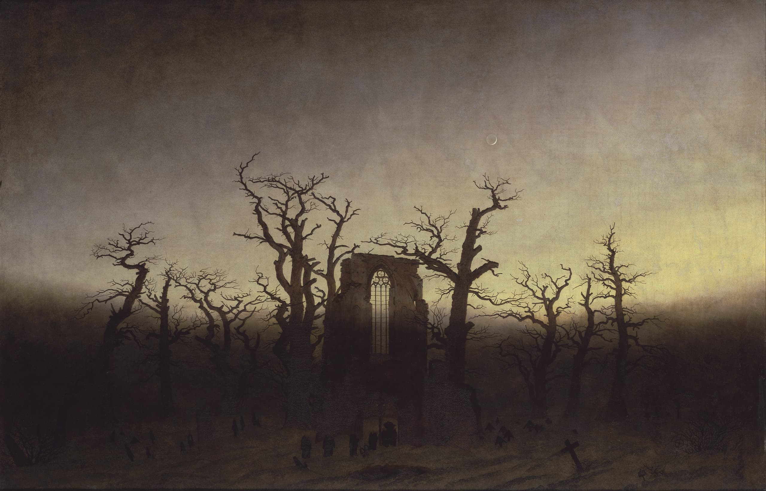A winter landscape with bare oak trees flanking a ruined Gothic abbey. A line of small dark figures carries a coffin through snow toward the broken arch. The sky is pale and overcast.