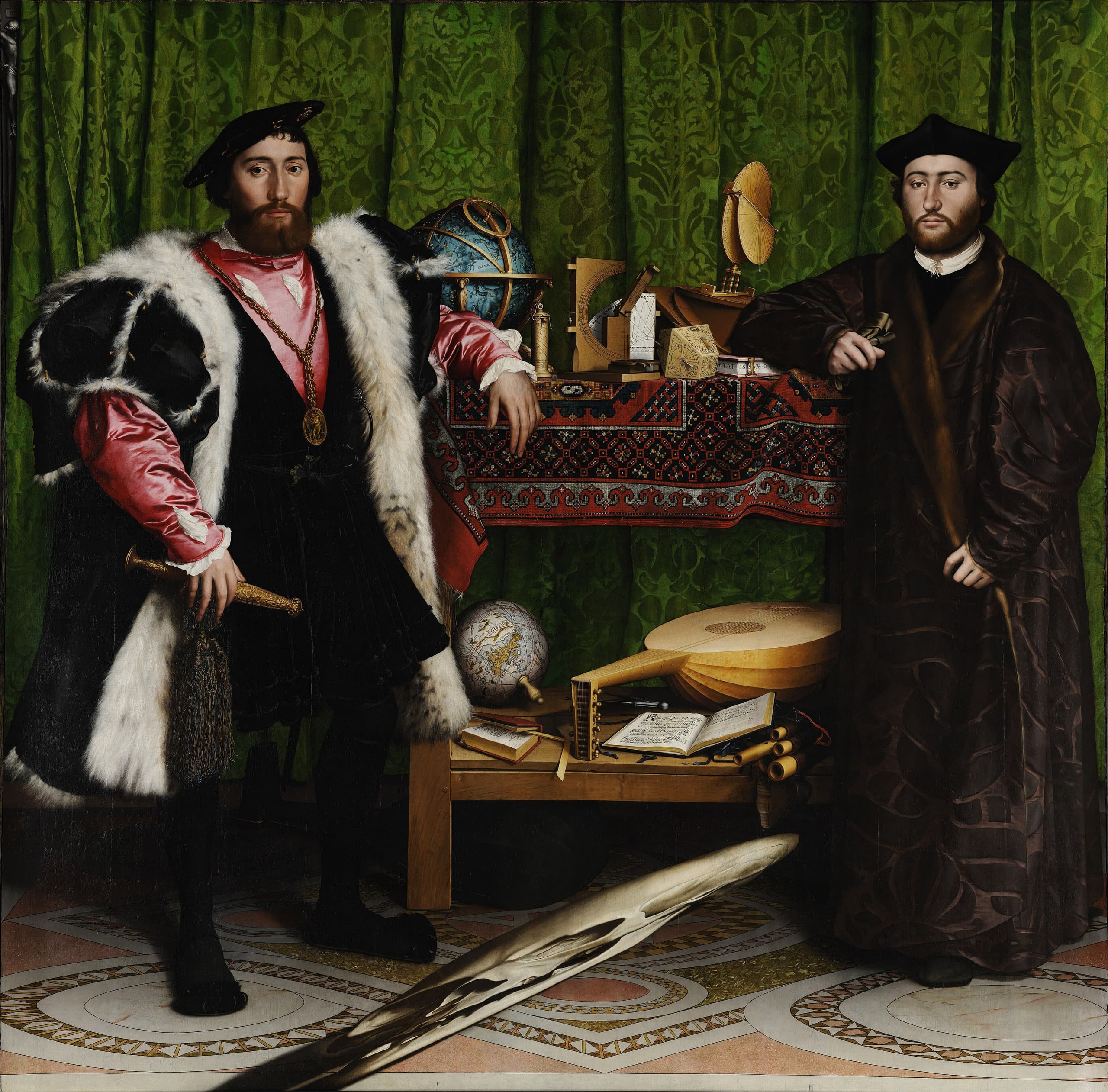 Two richly dressed men stand on either side of a shelved stand holding globes, dials, a lute and books. A distorted pale shape cuts across the patterned floor; a curtain at the upper left half hides a small crucifix.