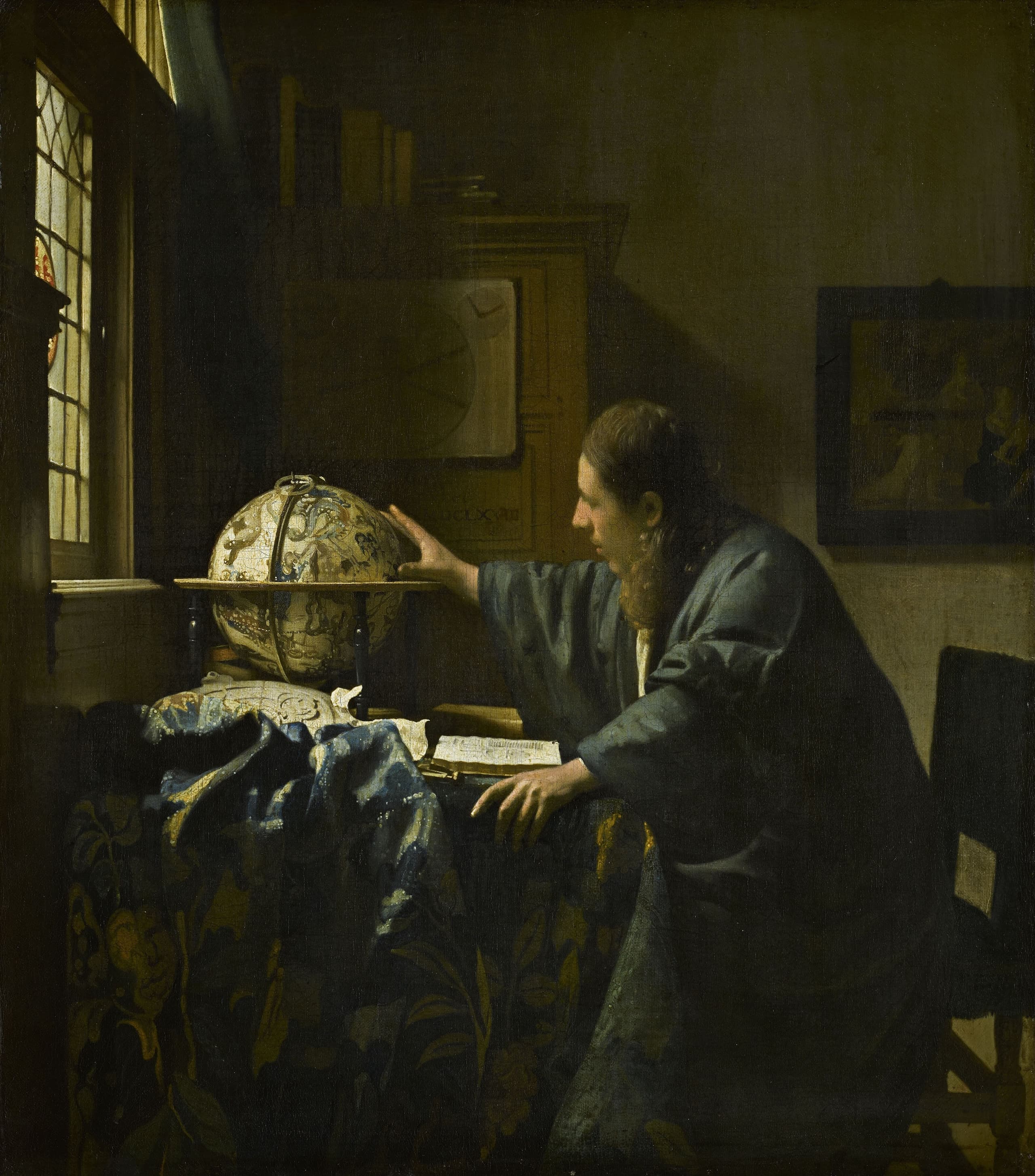 A small, nearly square oil painting on canvas, about fifty-one by forty-six centimetres, showing a single figure in a quiet interior scene of learned work.
