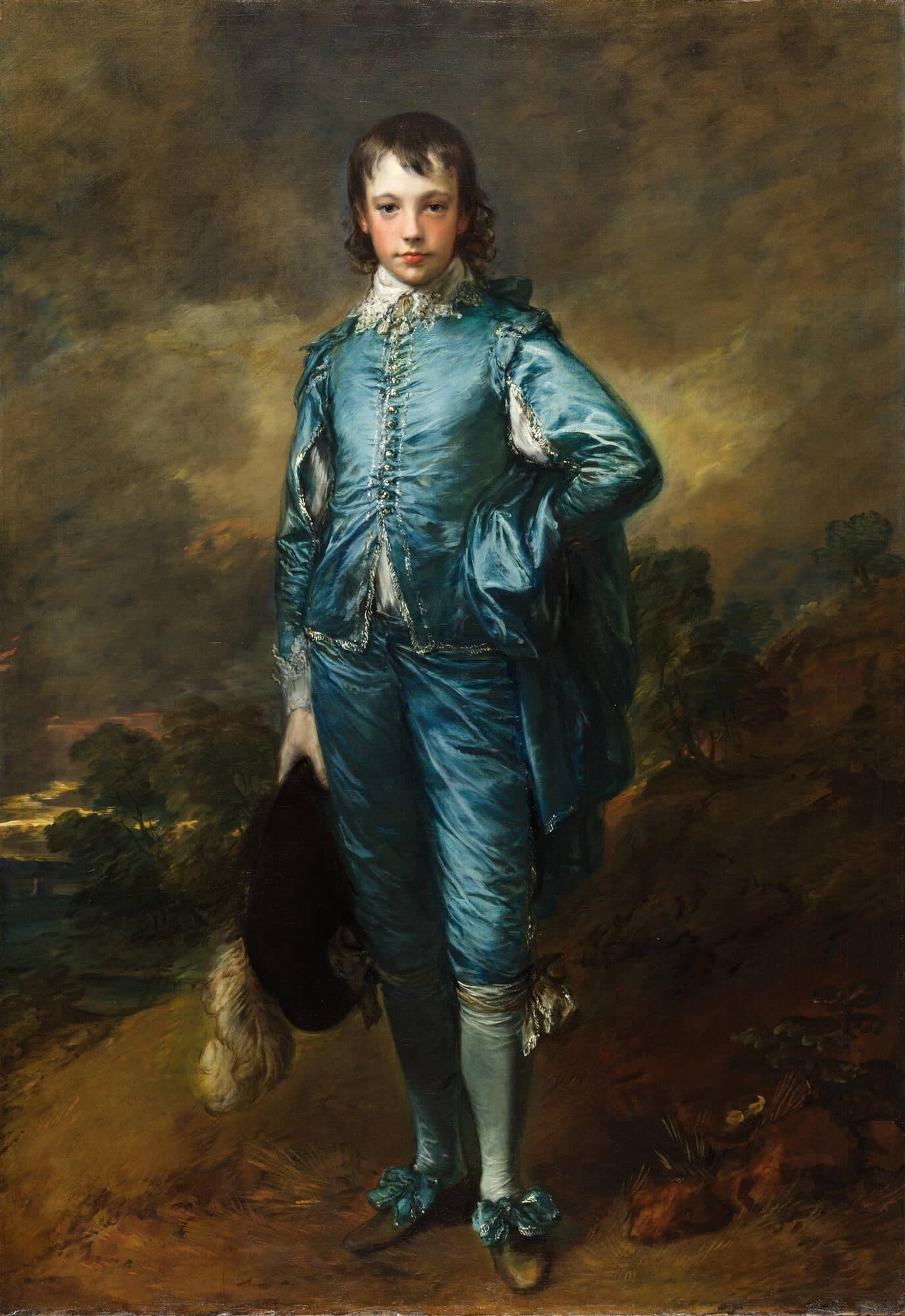 Full-length portrait of a youth standing in blue clothing against a darker, loosely indicated ground, painted in oil on a tall rectangular canvas.