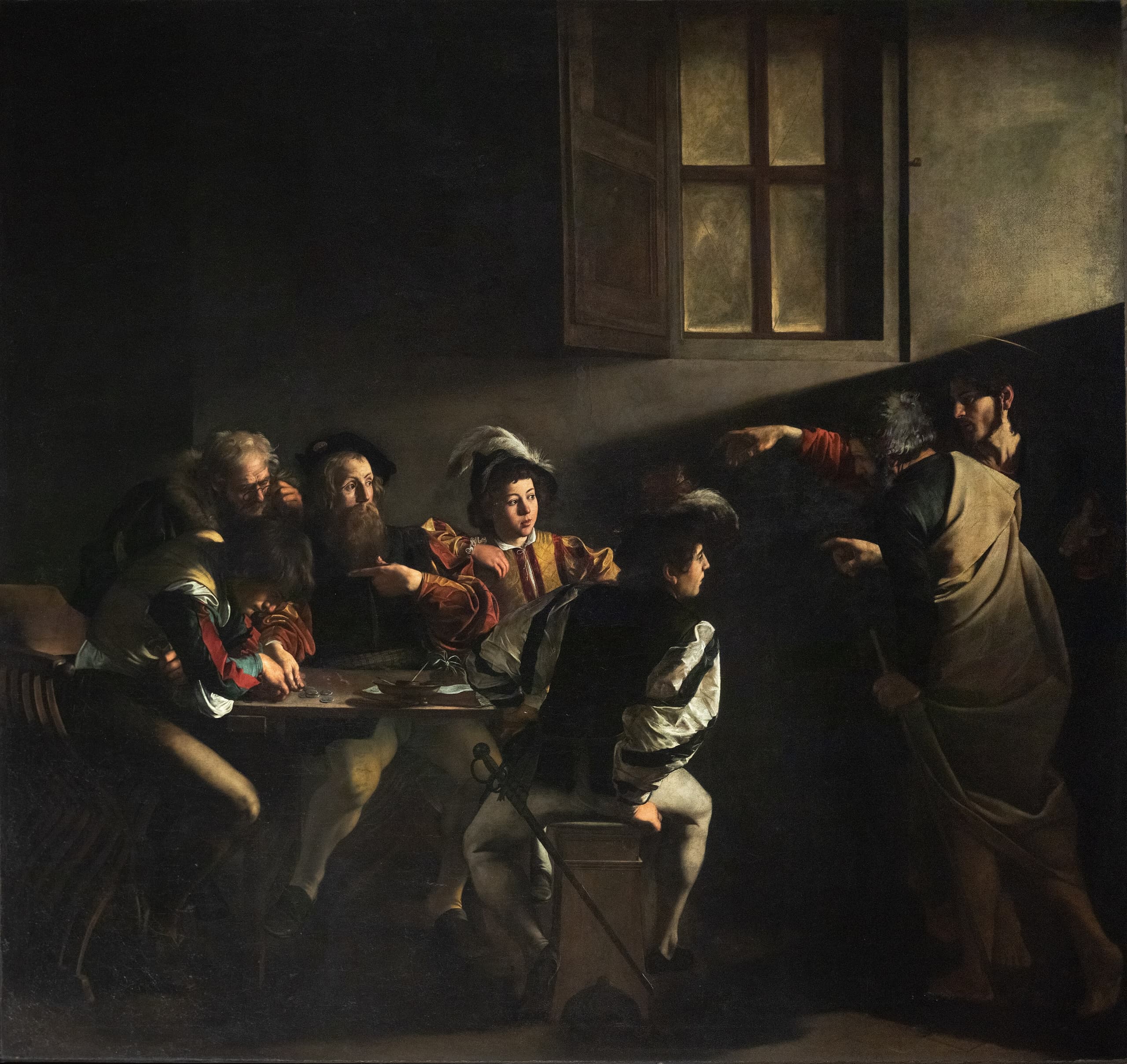 A dim interior. Men in contemporary dress cluster at a table with coins while two standing figures enter from the right, one extending a hand. A shaft of light cuts across the group beneath a dark upper wall and a high window.
