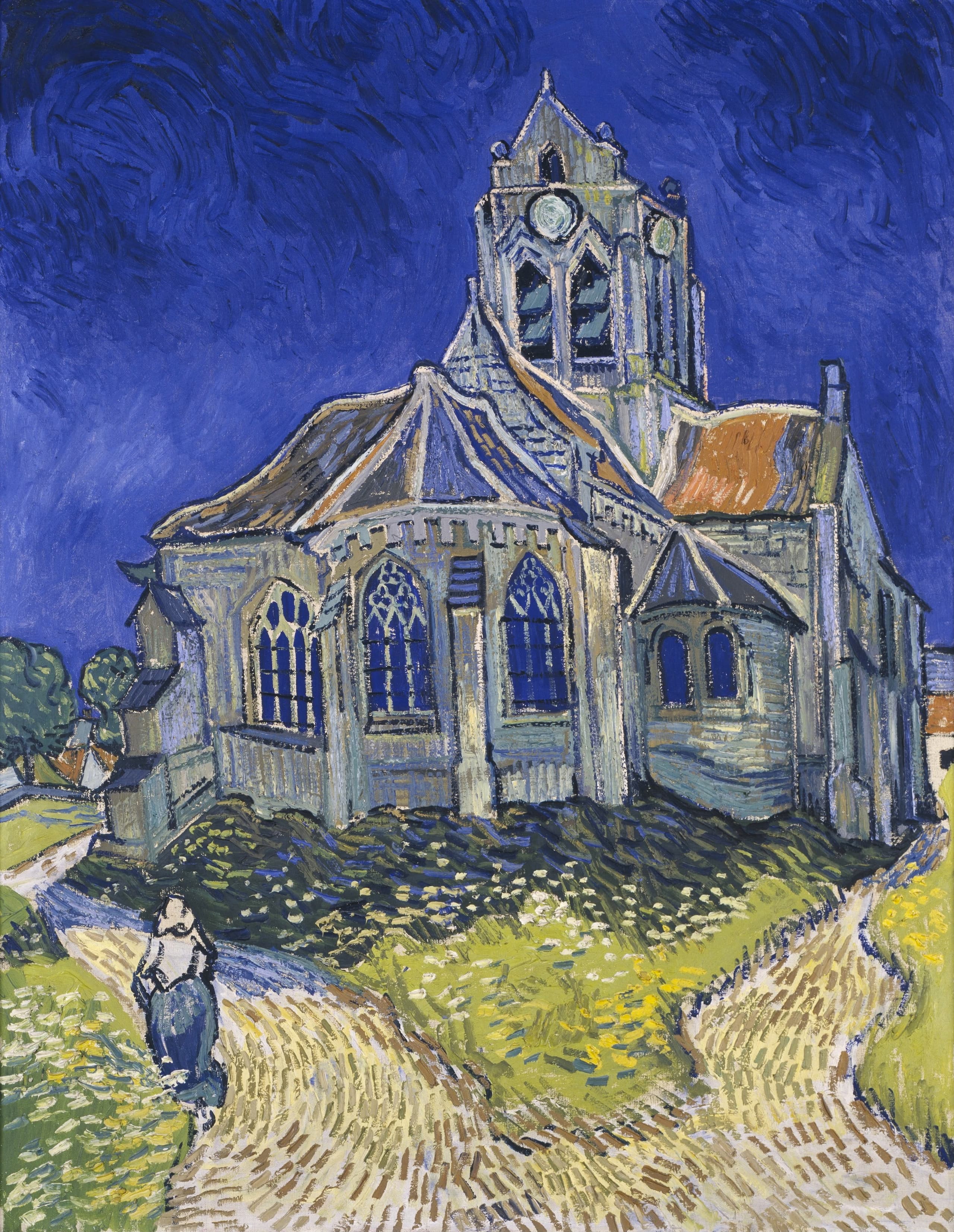 A tall canvas of a pale stone church with a dark roof under a deep blue sky. A path in the green foreground splits in two; a small figure walks on the grass near the building.