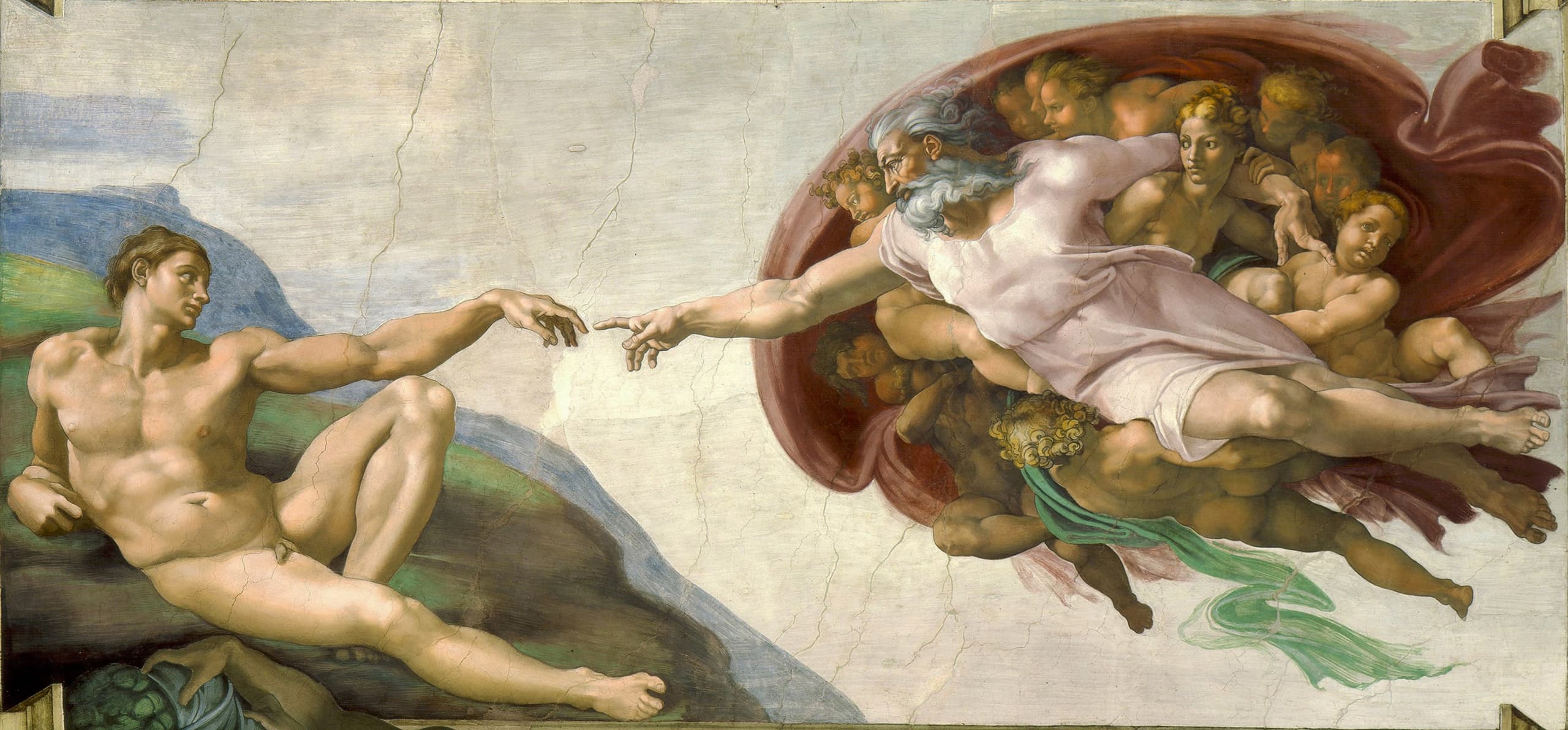 A wide fresco: a nude man reclines on bare ground at left, arm extended; at right a bearded figure leans from a cloaked group, finger stretched toward the first. Their fingertips do not meet.
