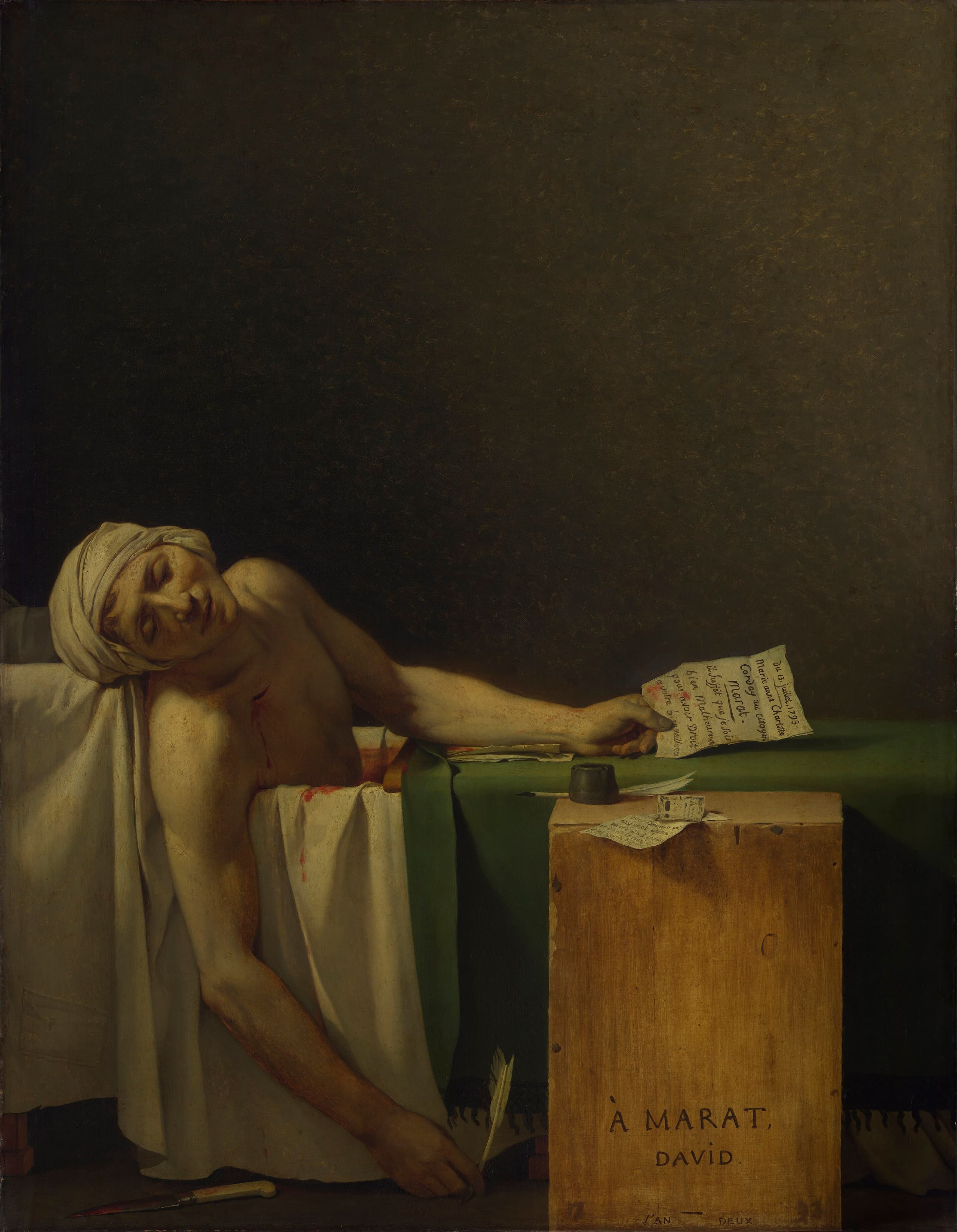 A bare-chested man lies dead in a simple bath against a dark empty wall, one arm hanging down with writing materials nearby, the upper half of the canvas almost blank.
