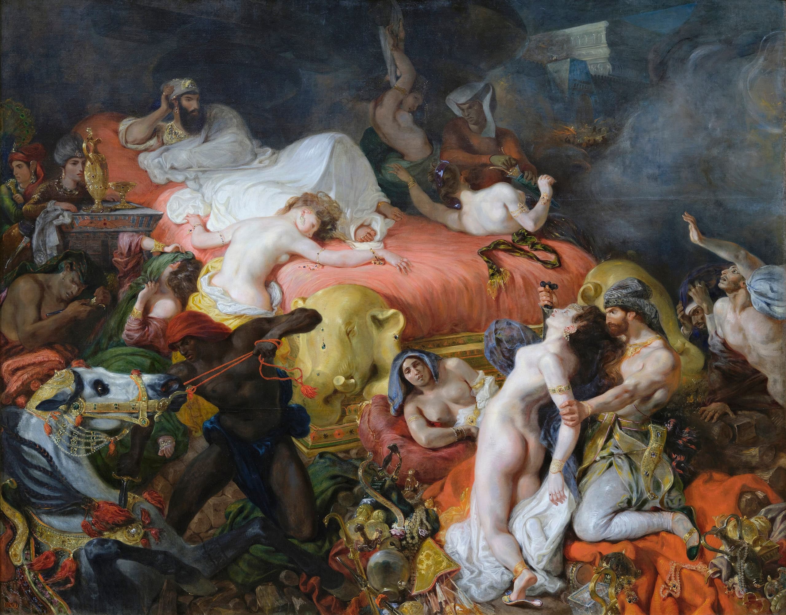 A huge oil painting crowded with figures in warm reds and golds: a reclining ruler presides while people, animals and treasure are caught in violent disorder across a wide, shallow space.