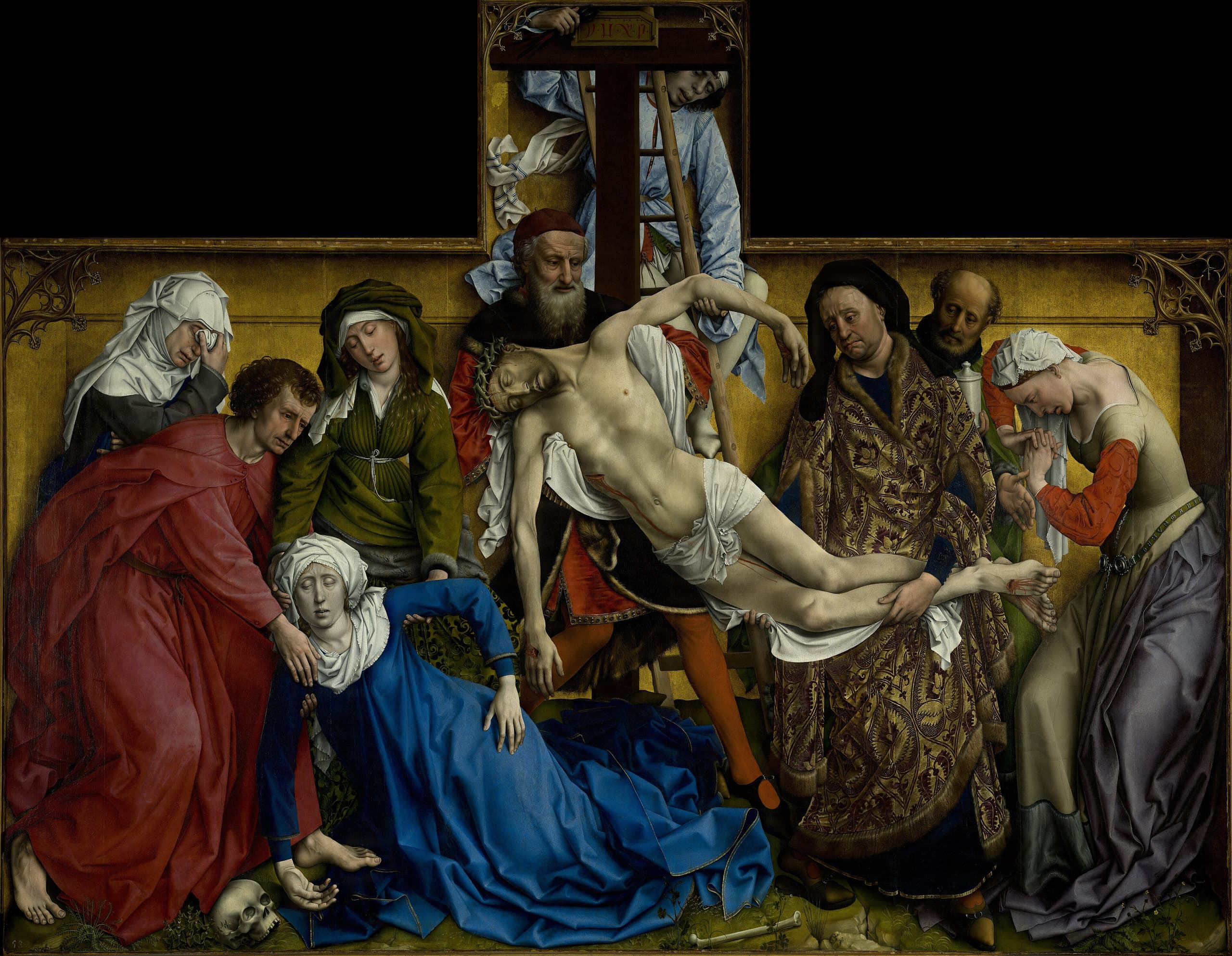 A wide panel in which a pale, lifeless Christ is lowered by several men in a shallow gold-edged space, while women grieve; one fallen woman echoes the slant of his body.
