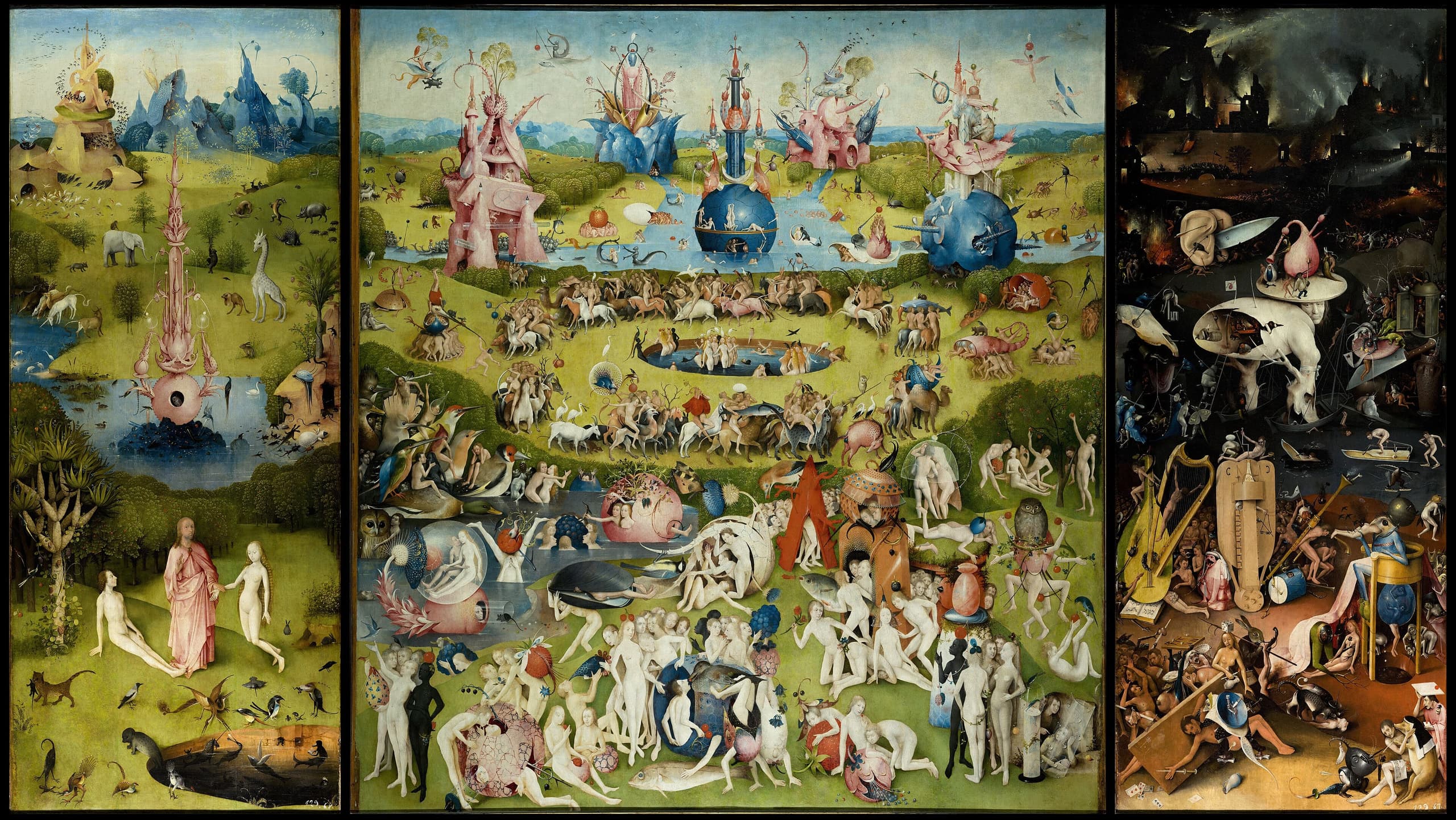 A wide triptych in oil on panel: at left a garden with a divine figure and the first humans; at centre crowds of naked figures among oversized fruits, animals and pale structures; at right a dark realm of hybrid creatures and torment.
