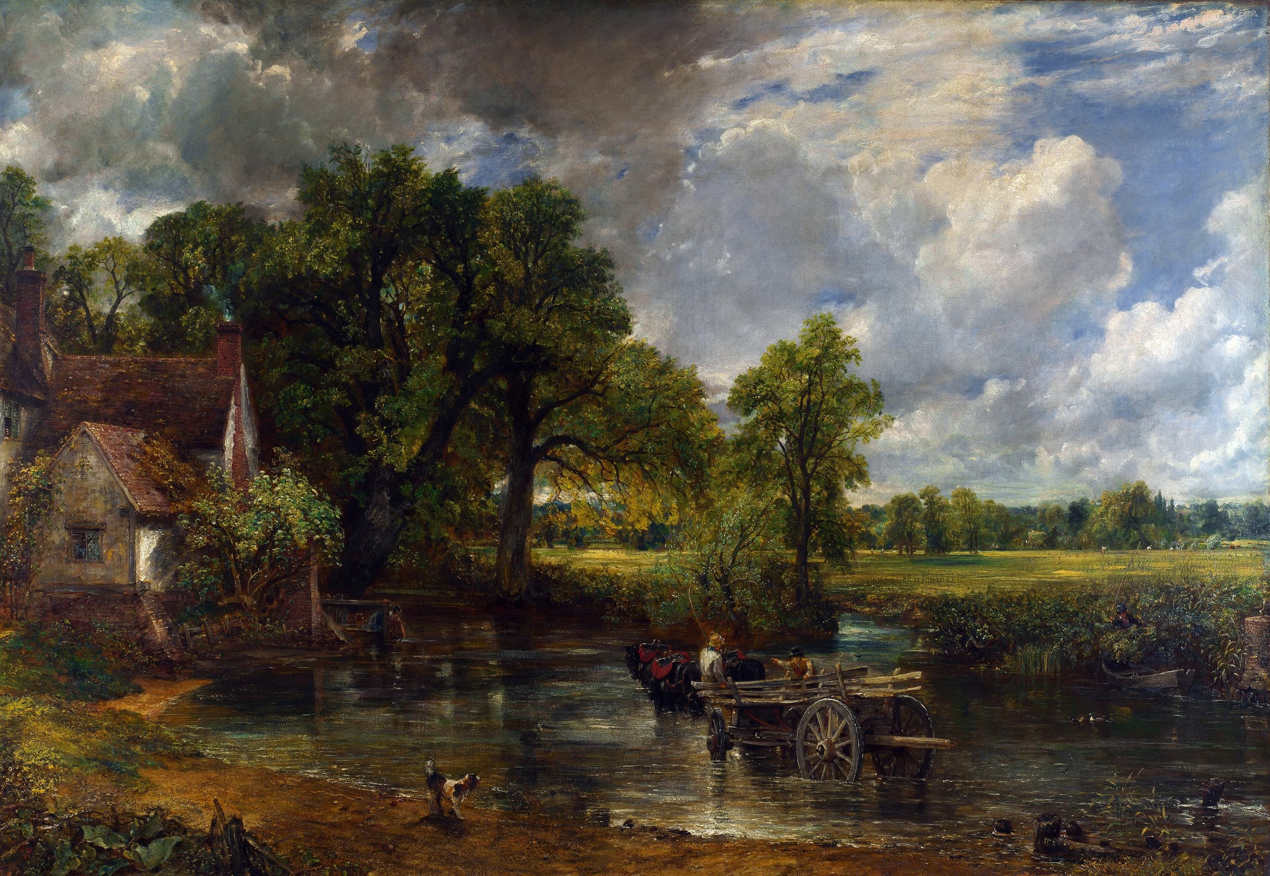 A wide river landscape: three horses pull a timber waggon through shallow water; a cottage stands on the left bank under trees; meadows open to the right beneath a sky heavy with cloud.