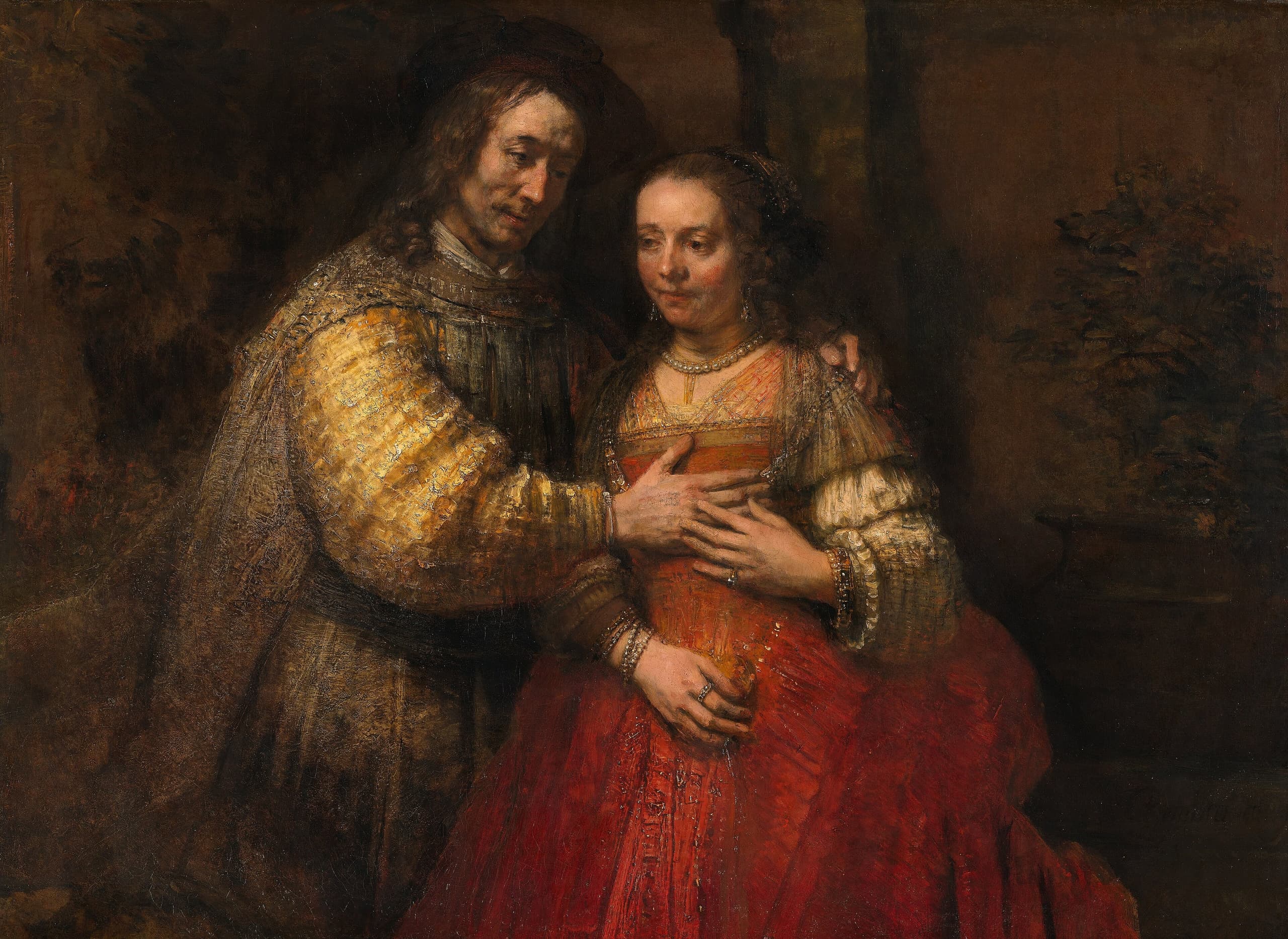 A man and a woman stand close against a dark ground. He rests a hand on her bodice; she places her hand over his. Both wear richly worked clothing, the sleeves and fabric painted thickly.