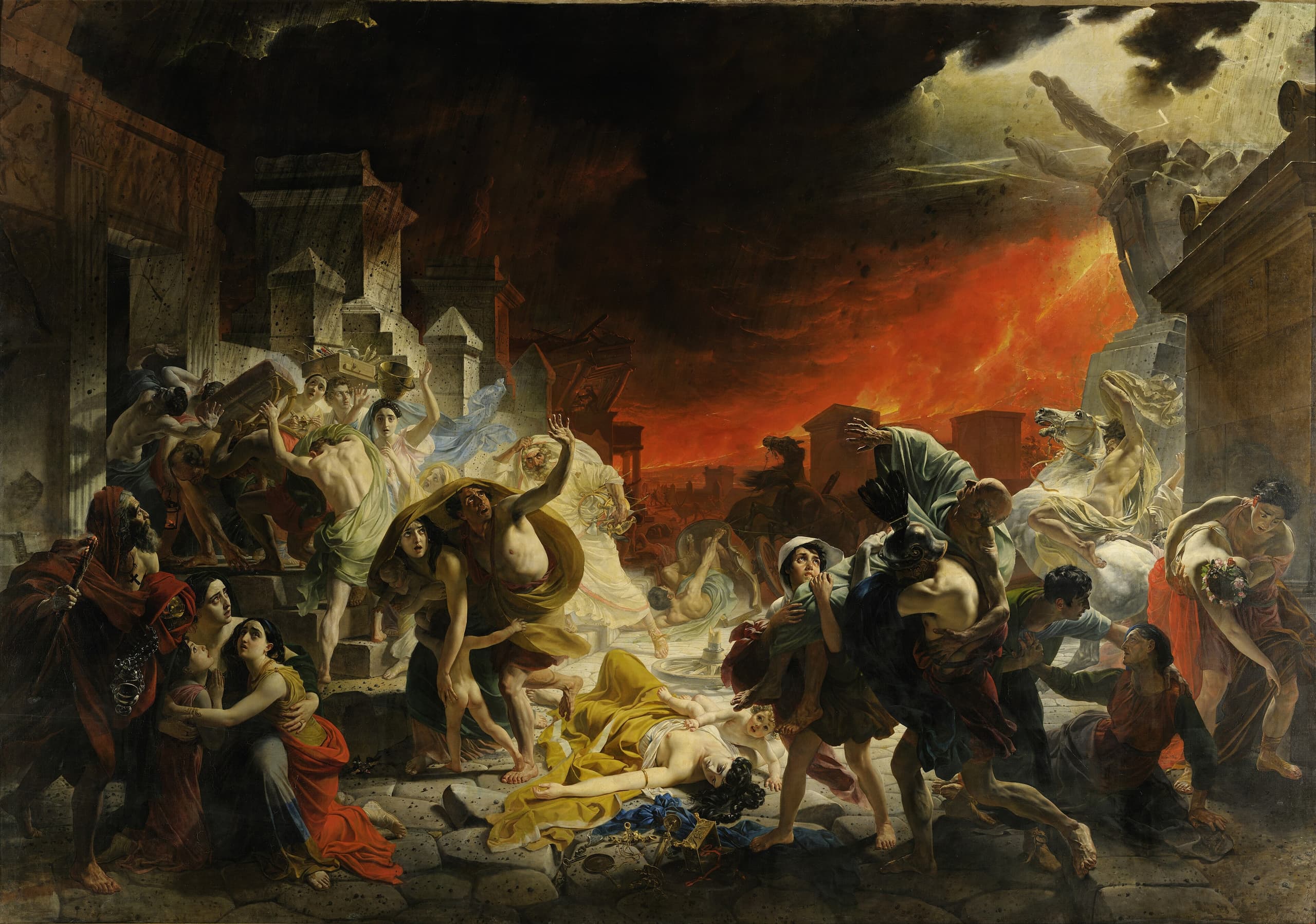 A wide, crowded scene of people fleeing among collapsing buildings under a violent, ash-filled sky; classical bodies twisted in panic across a canvas several metres across.