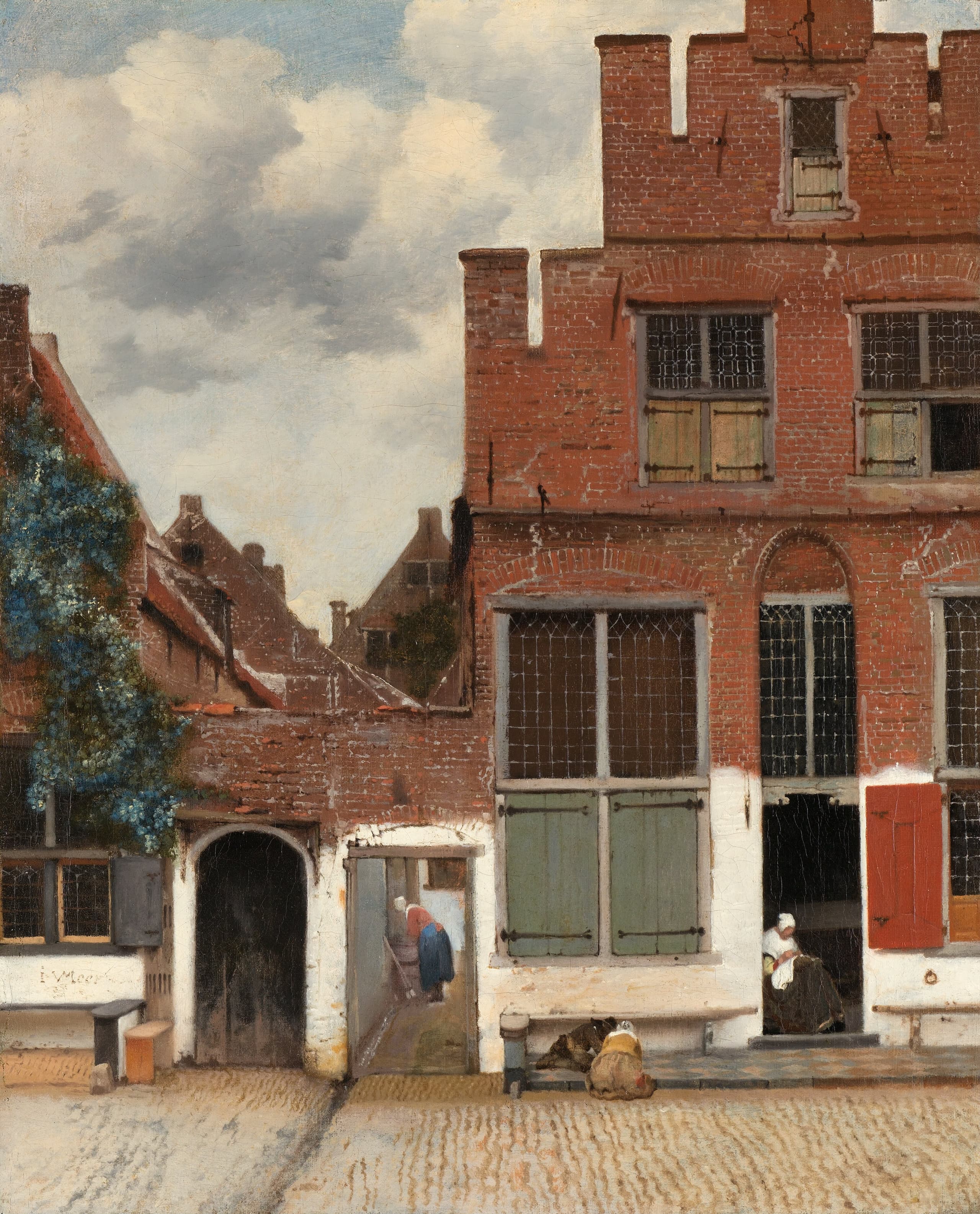 Two adjoining brick house fronts with shuttered windows and an alley between them; small figures sit and work in a doorway and passage, with children on the lower steps.