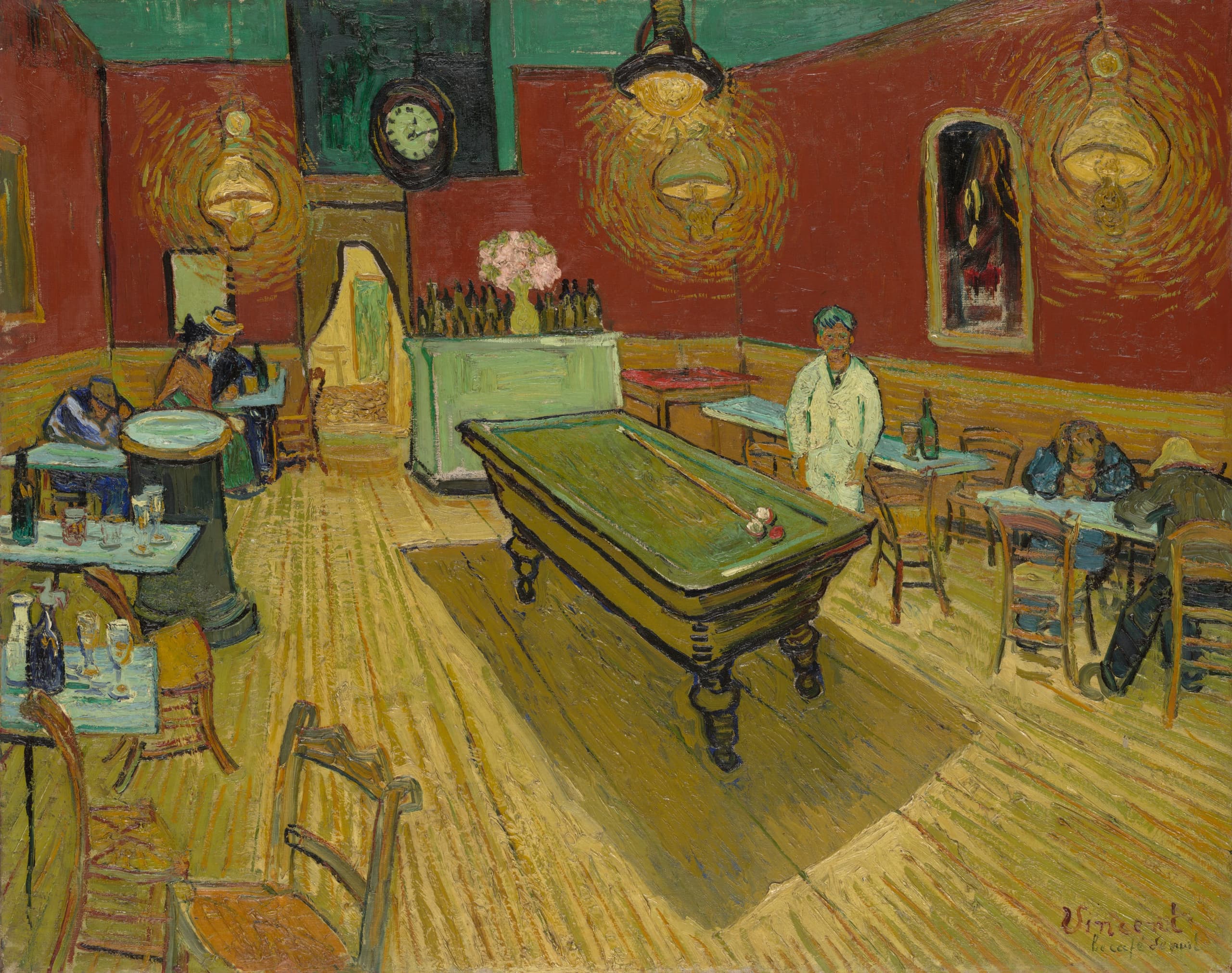 A wide café interior at night: a billiard table stands in the middle of the floor, figures sit at tables along the walls, lamps hang from above, and a solitary figure stands near the table in the open space.
