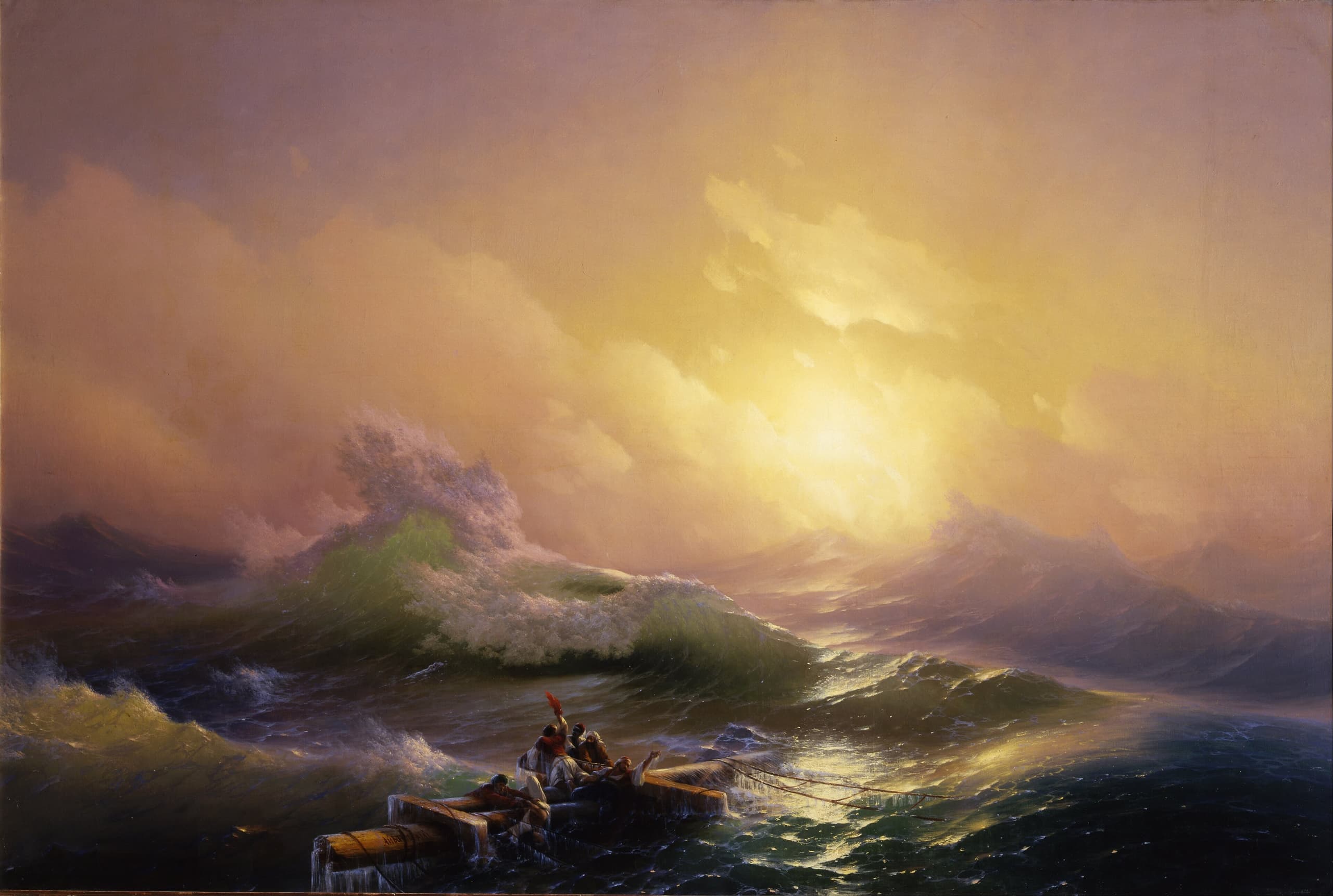 A wide seascape at warm dawn or dusk. Small figures cling to floating wreckage at lower left as a huge wave rises on the right, its face lit amber and rose against breaking foam and cloud.