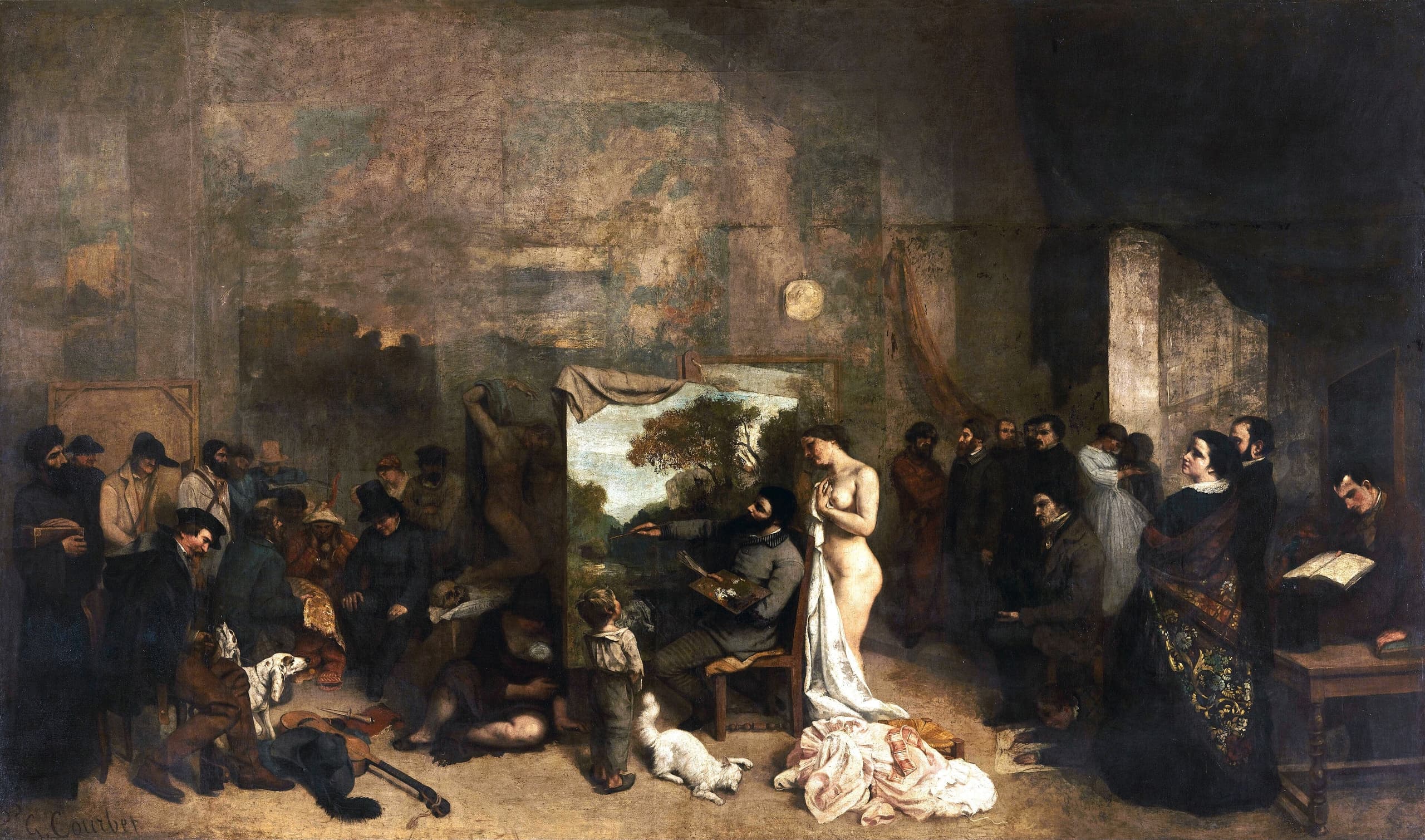 A vast studio interior. At the centre a bearded painter works on a large landscape; a nude model stands beside him. Figures from varied walks of life fill the left; well-dressed friends and patrons gather on the right.