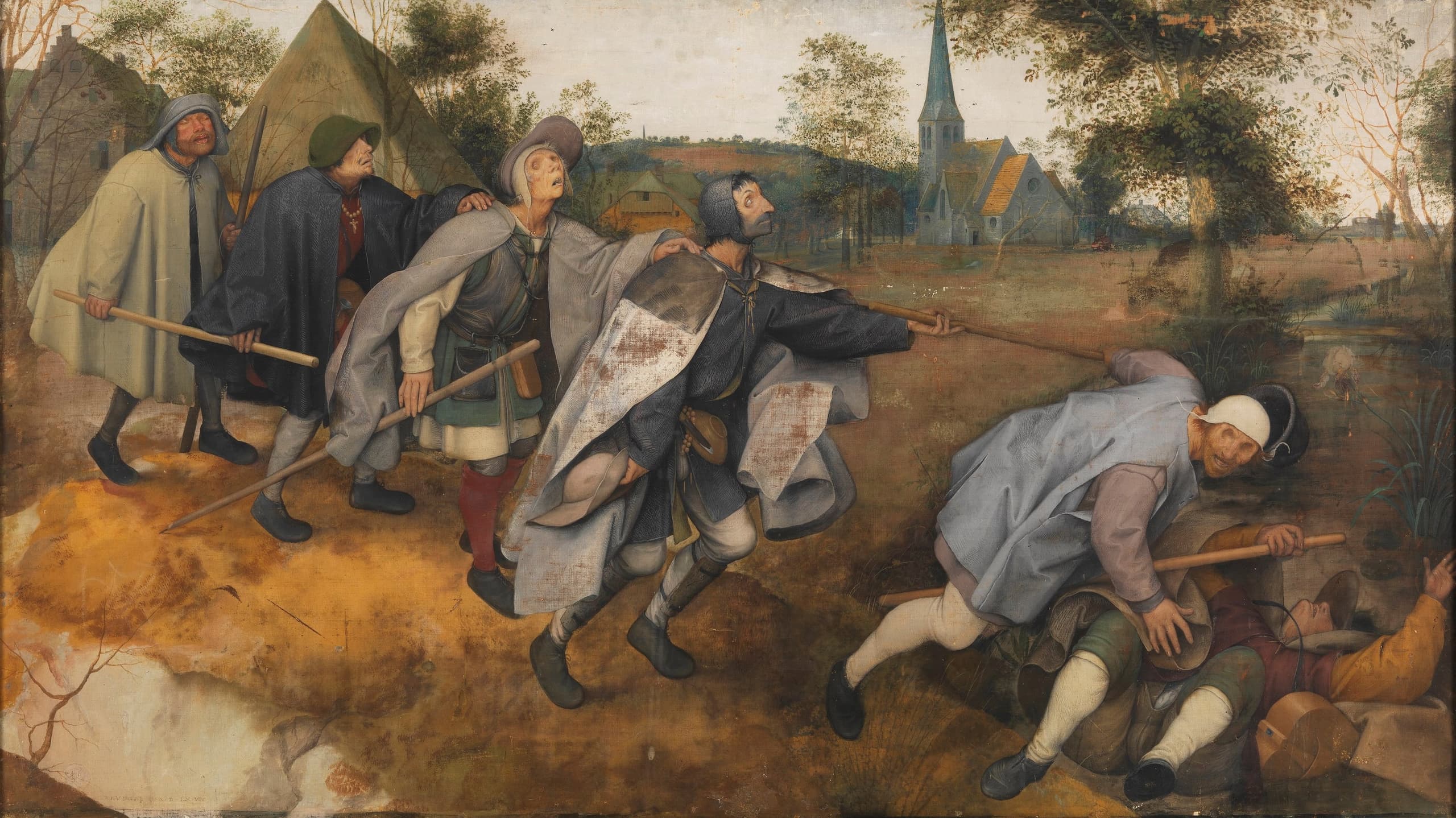 Six men in a diagonal line across a rural landscape, each holding the shoulder or staff of the man ahead. The leader is on his back in a stream; the others are tipping forward in sequence.
