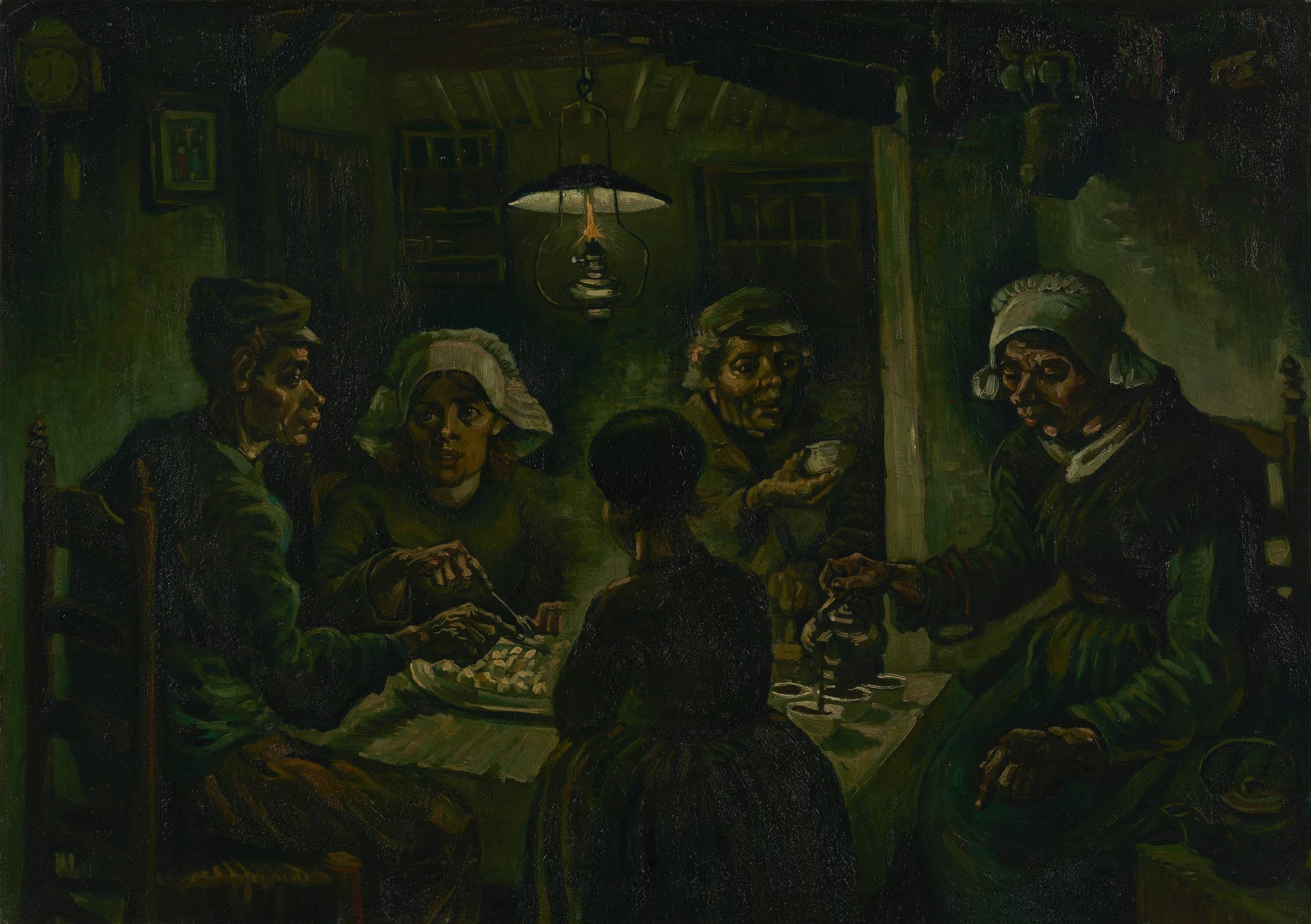 A dark interior where five people sit around a small table under a hanging lamp, handling cups and a dish of potatoes; faces and hands catch the light while the walls stay deep in shadow.