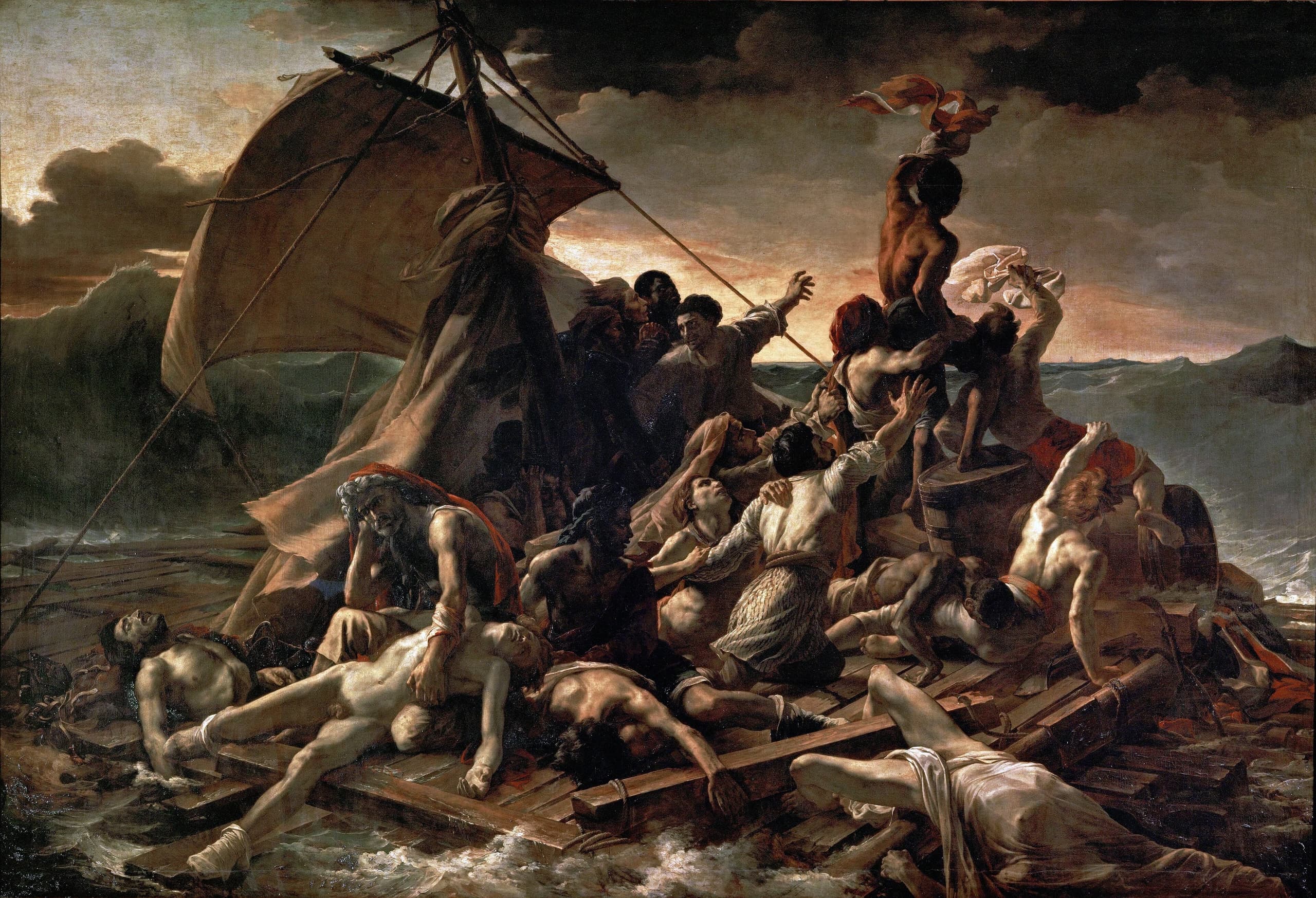 A vast dark seascape. Dozens of figures crowd a low wooden raft that tilts toward the viewer; some lie dead across the planks, others strain upward as one man at the peak signals toward a faint horizon.