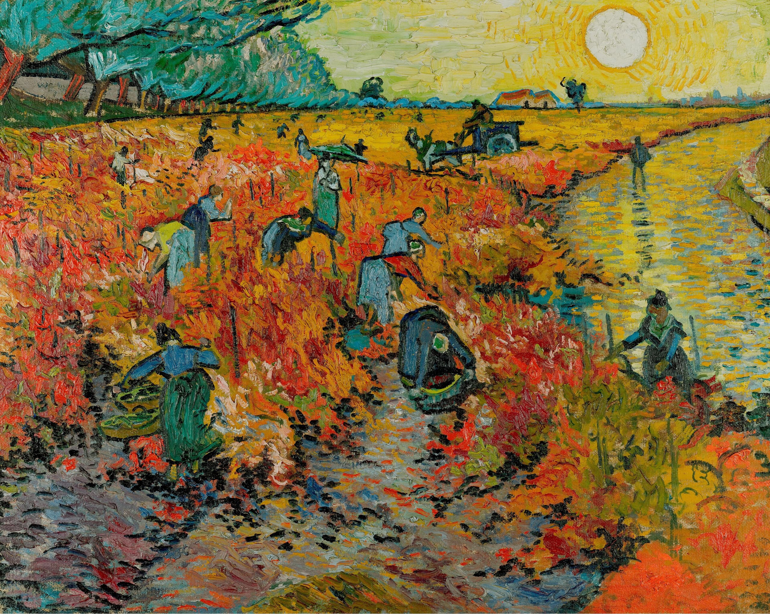 A wide landscape of vines in strong reddish colour, with several small figures working among the rows under an open sky.