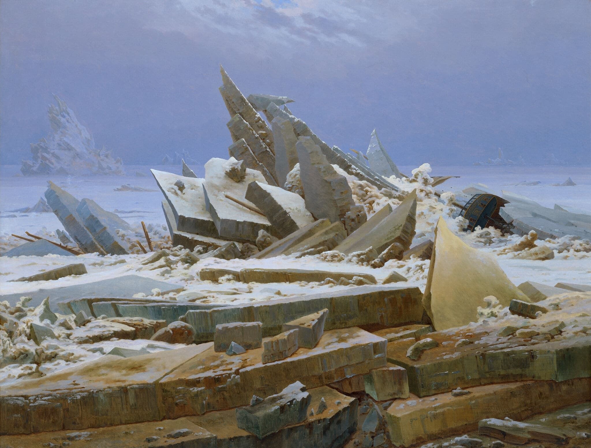 A pale Arctic expanse where jagged slabs of ice are driven up into a steep central pile; dark fragments of a wrecked ship show through the lower ice, under a cold, open sky.