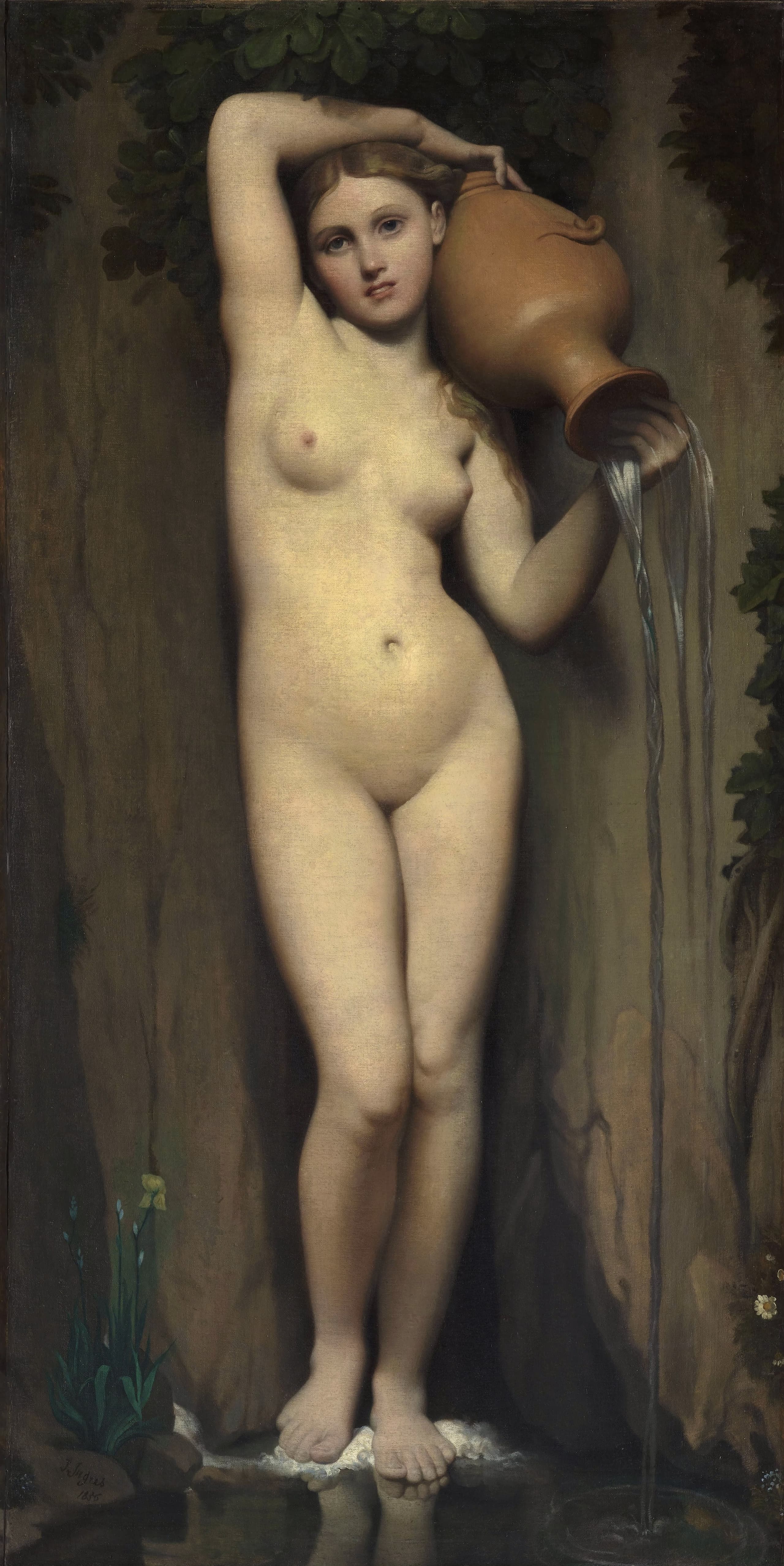 A tall, narrow painting of a standing female nude holding a water jar, set against a spare natural background, the figure filling most of the height of the canvas.