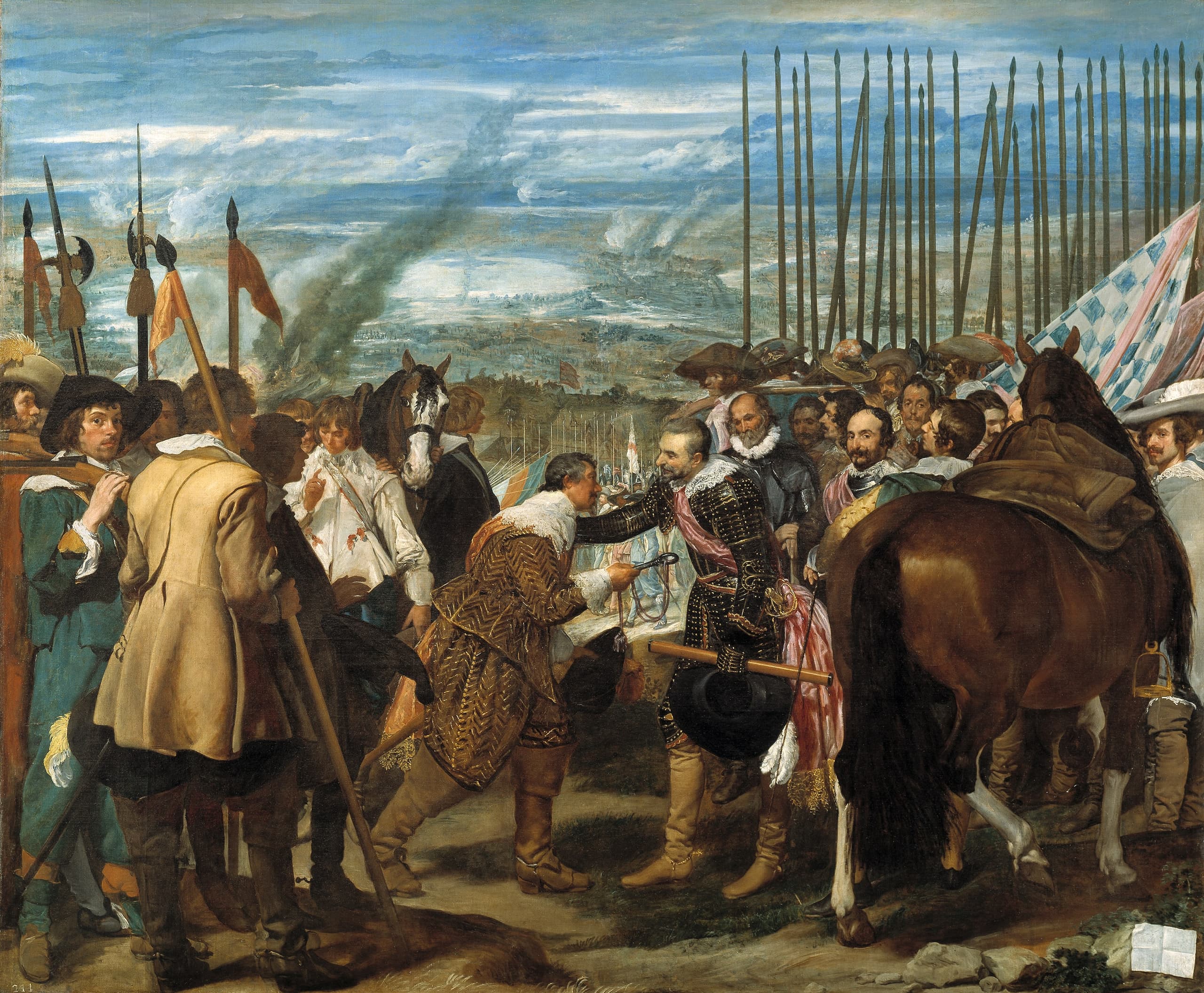 A wide outdoor scene of two armed groups meeting. At the centre one commander hands a key to another. Behind the receiving side, a dense rank of upright lances rises against the sky; horses and soldiers fill the lower ground.