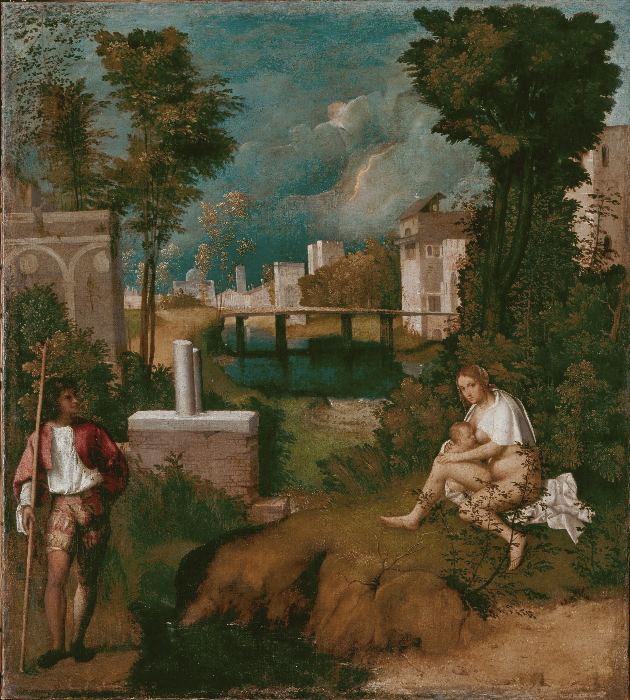 A green landscape under a stormy sky with a flash of lightning. At left a standing man in dark clothes; at right a seated nude woman nursing a child beside a stream, with buildings in the middle distance.