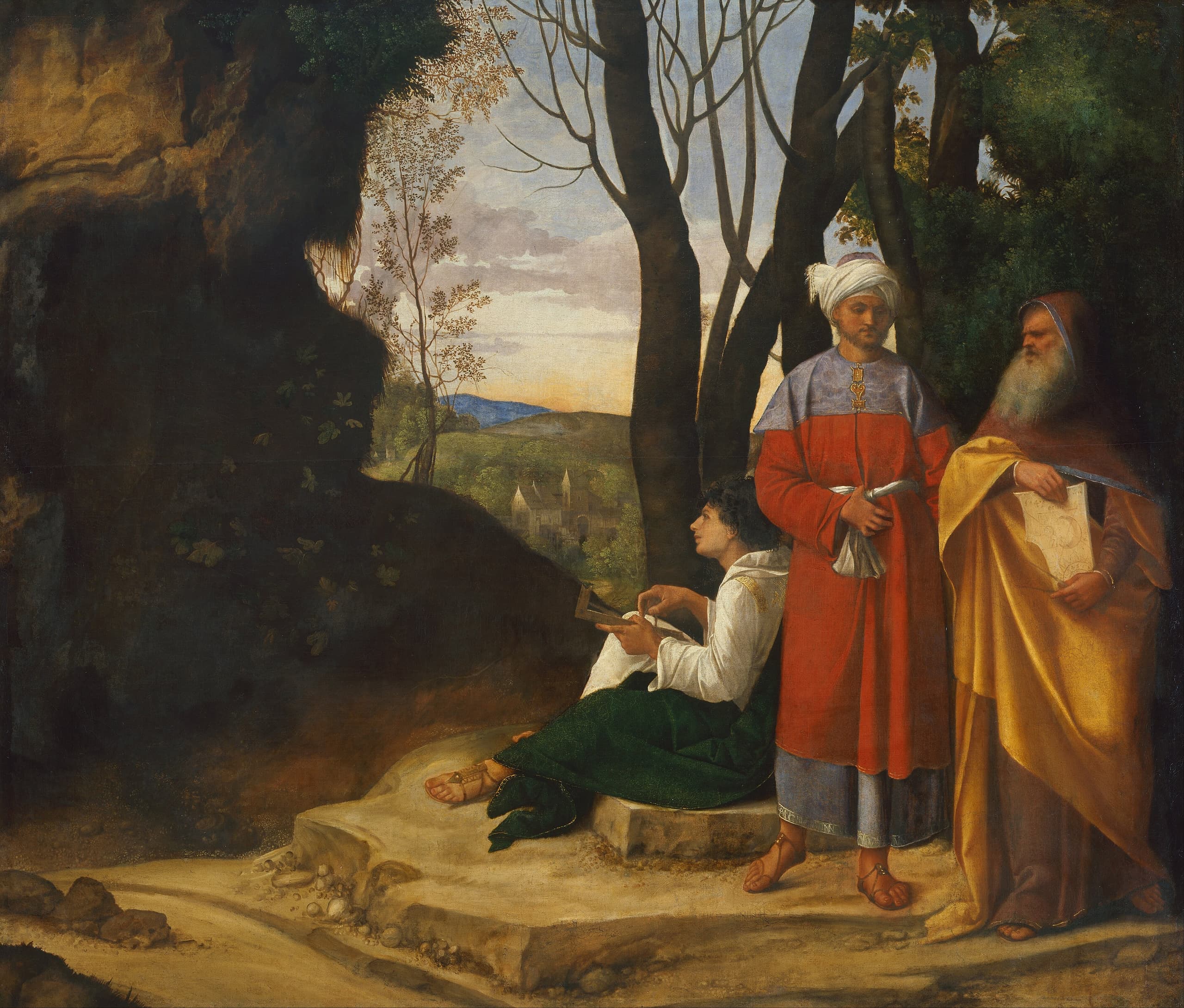 A wide painting: at left a dark rocky mass with a shadowed opening; at right three men, one young and seated, one turbaned and middle-aged, one old and bearded, standing before a lit valley and low horizon.
