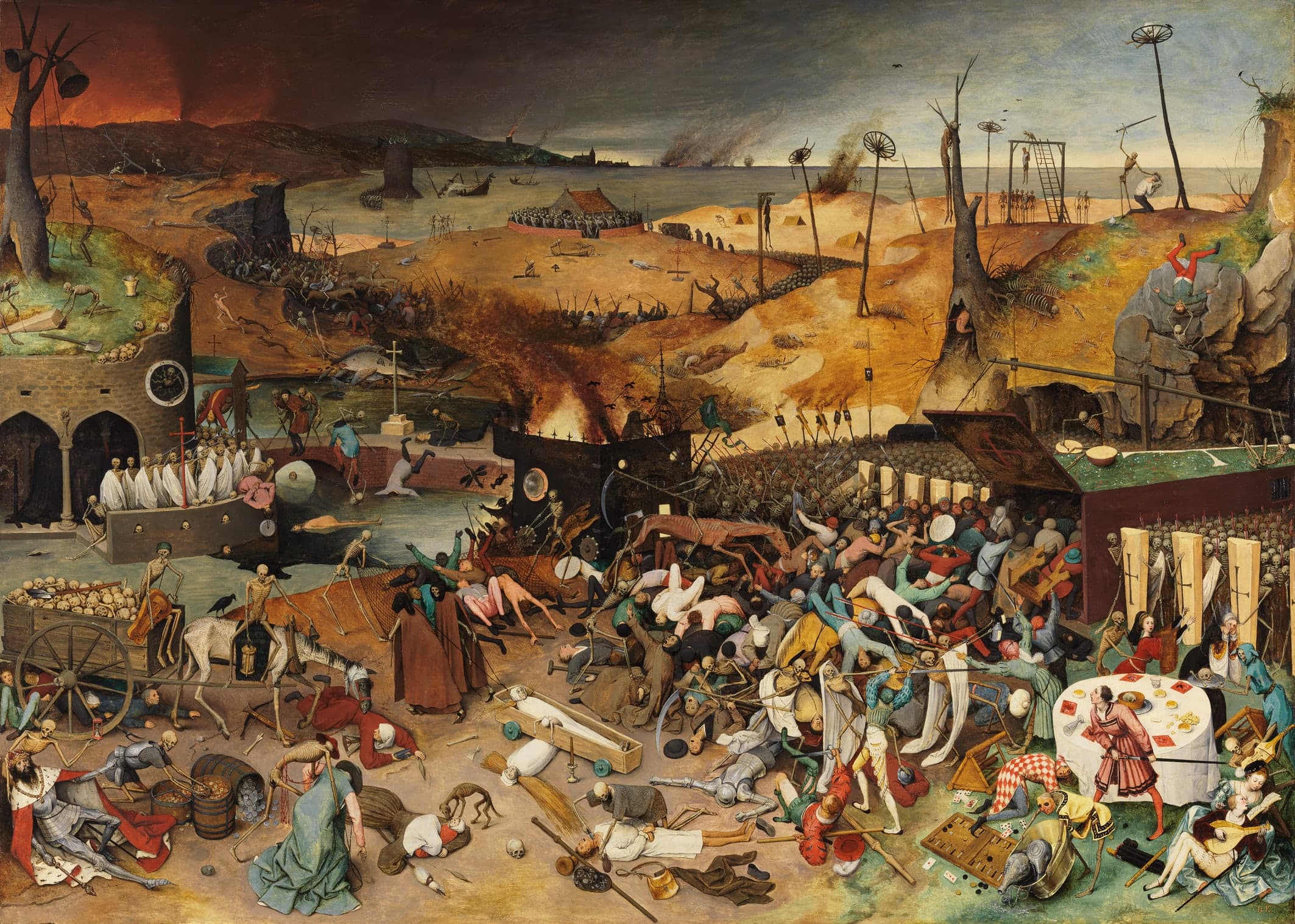 A wide, scorched landscape packed with figures. An army of skeletons advances with carts, scythes and nets as people of every rank are seized, while fires and gallows mark the horizon.