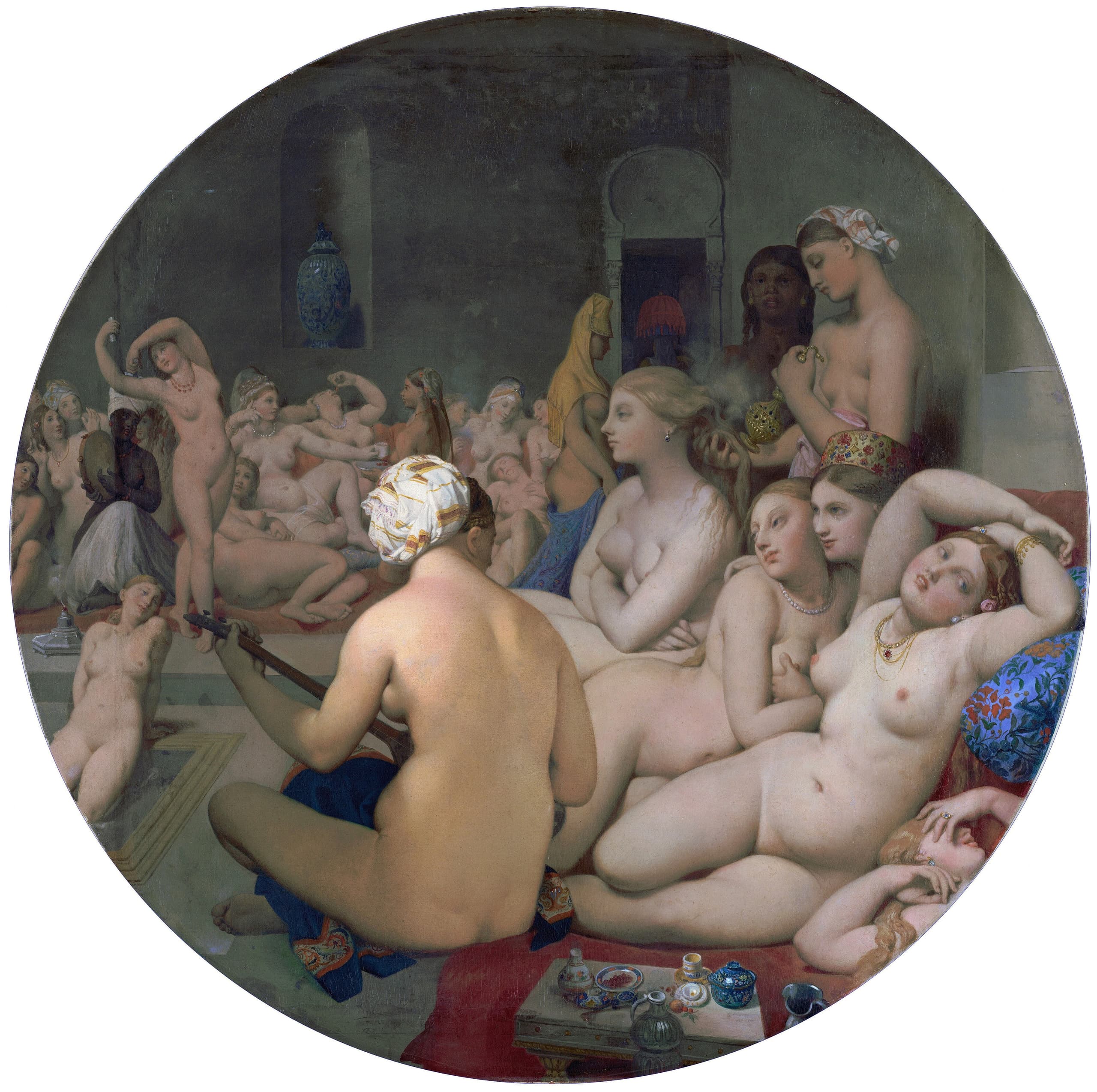 A circular oil painting crowded with nude women around a pool in a dim interior; bodies fill the round field from the water up to the upper arc.