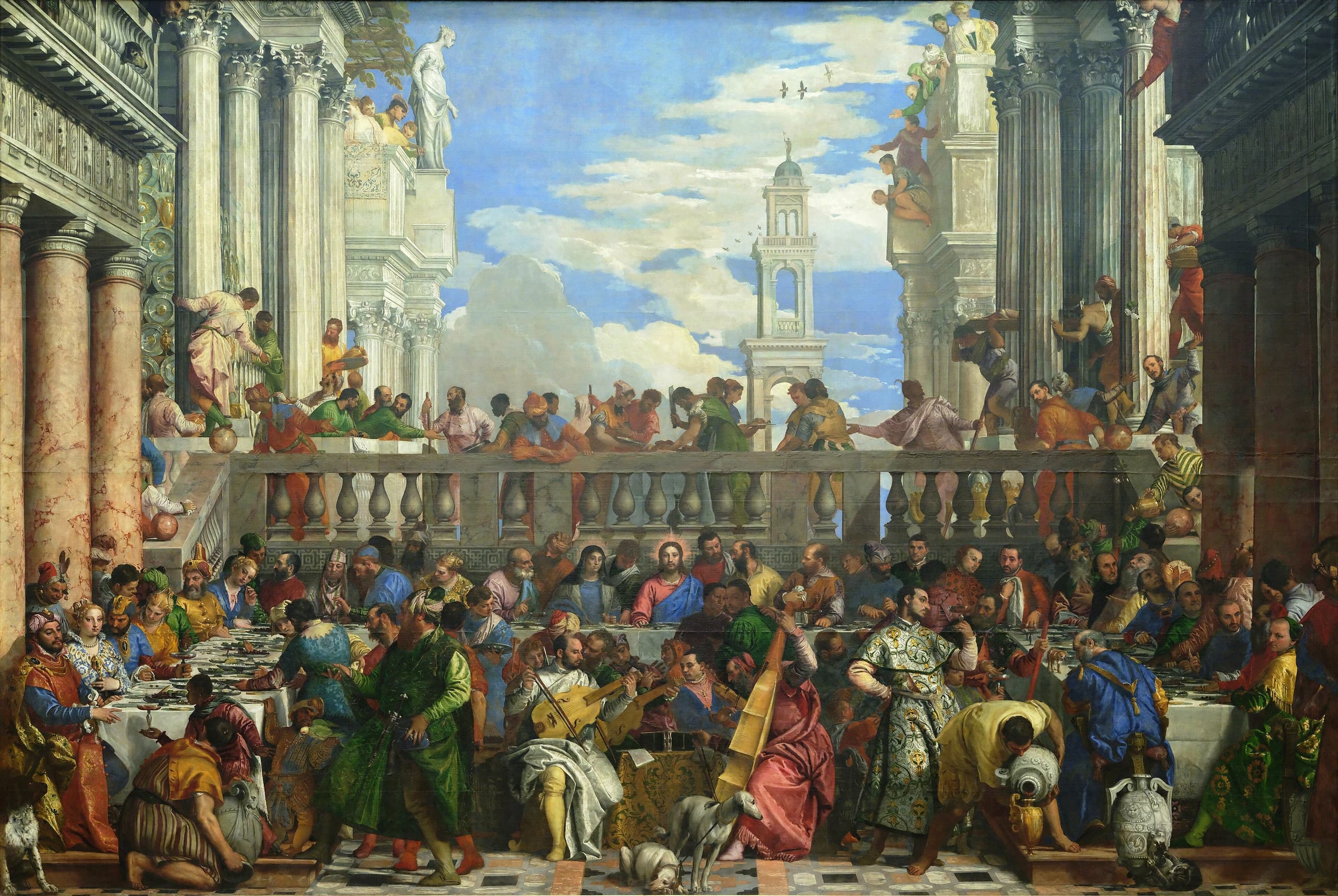 A vast oil painting of a crowded wedding banquet under classical architecture, with many figures seated and standing at long tables across a wide, brightly lit terrace.