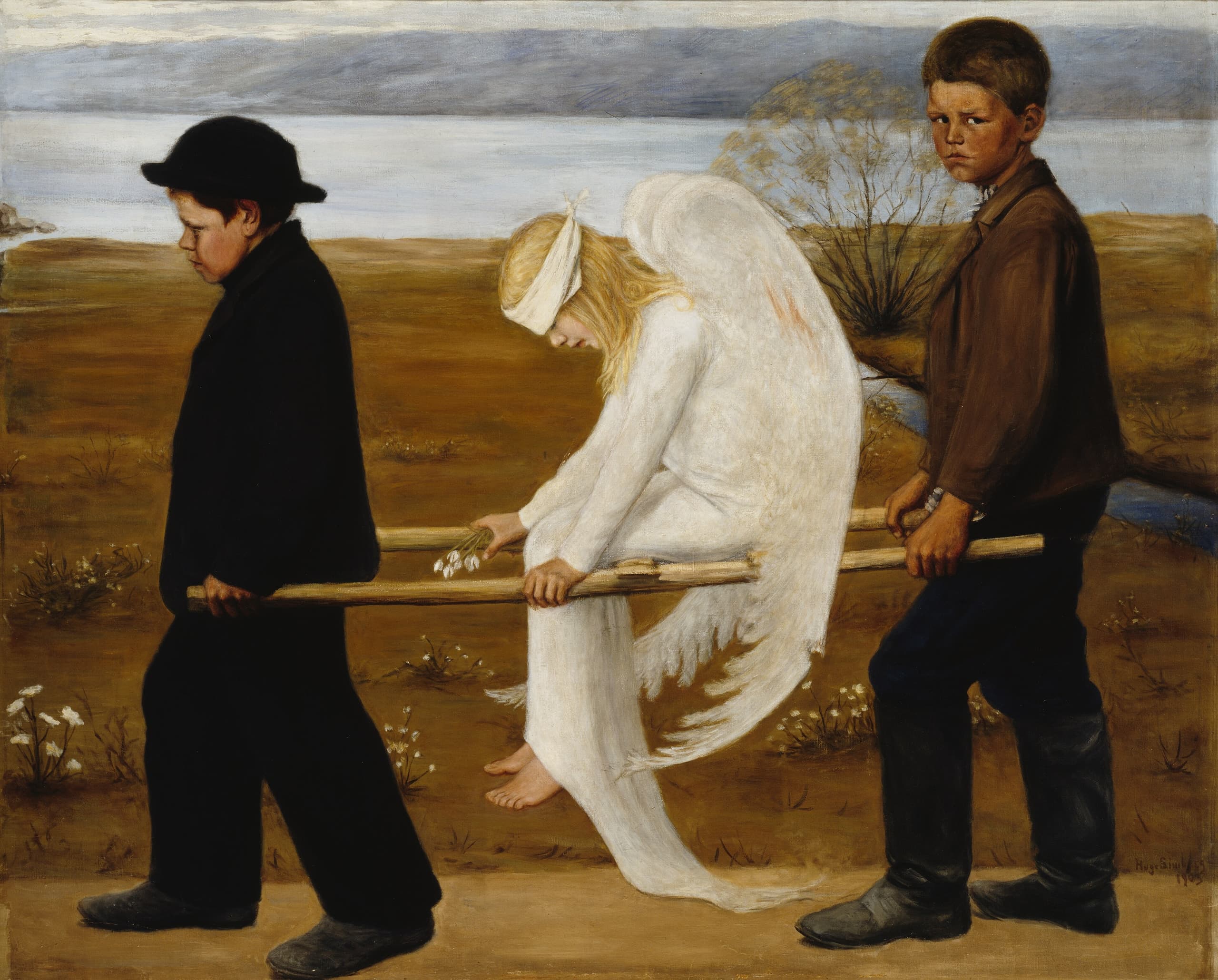 A pale, barefoot winged figure in a long white garment sits on a cloth stretcher, head bandaged over the eyes, hands folded, one wing marked with blood. Two boys in dark clothes carry the poles across low, bare ground beside water under a thin sky. The rear boy looks out towards the viewer.