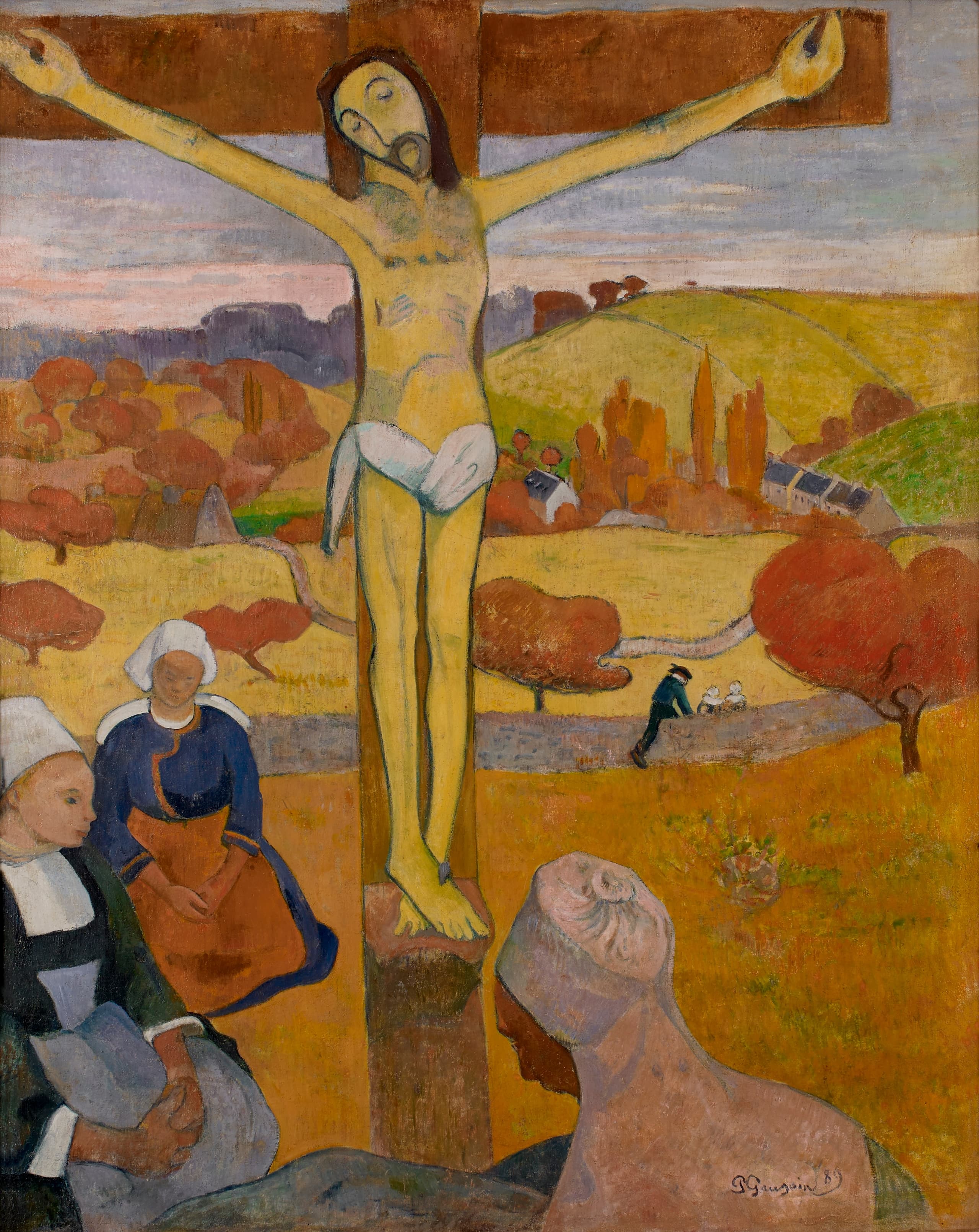 A yellow-skinned Christ hangs on a dark cross in open autumn countryside. Below, three Breton women in white caps and dark dresses kneel and sit in prayer among yellow and reddish fields.