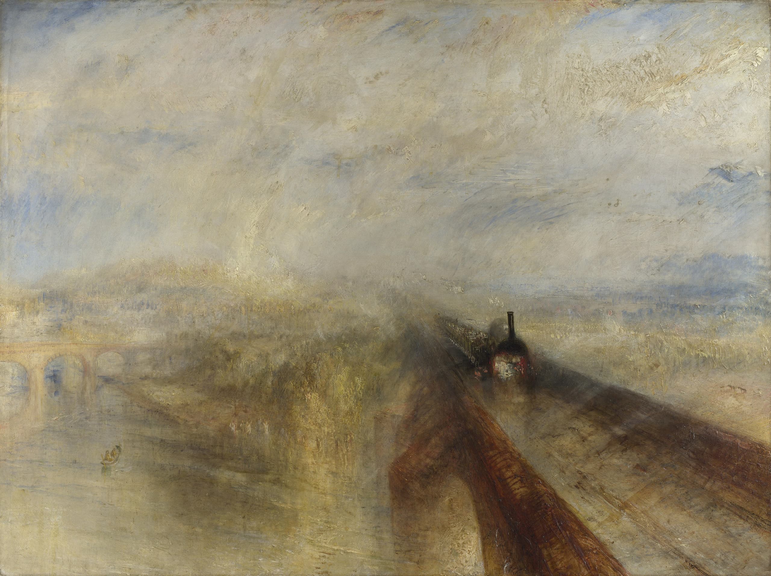 A train crosses a bridge through heavy rain and steam, the locomotive a dark shape trailing white vapour. A small brown hare runs ahead on the rails. The stone bridge and landscape blur into streaks of grey, brown and gold.