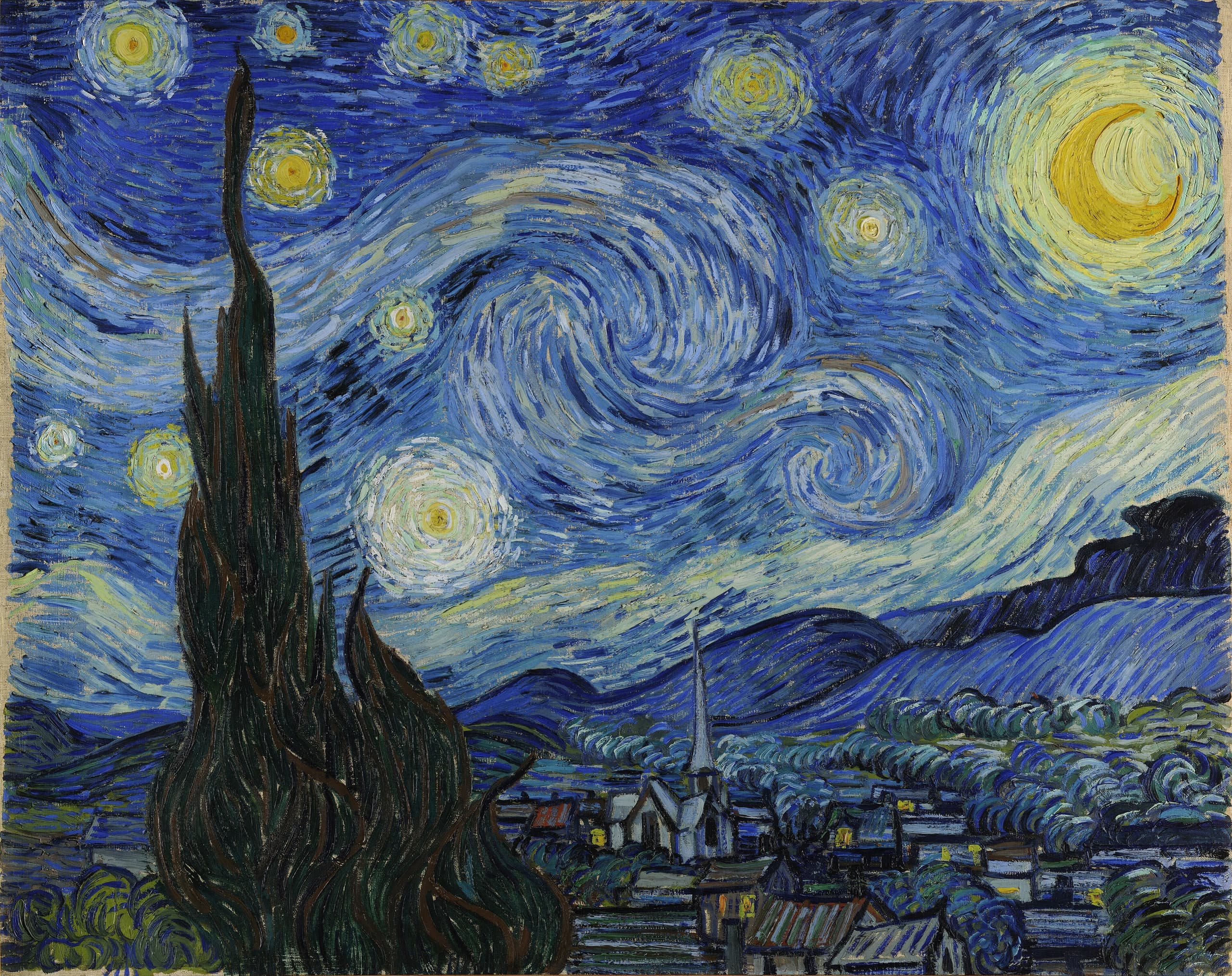 A night sky of swirling blue and yellow above a dark cypress tree and a small village with a church spire. The paint is applied thickly, in visible ridges.
