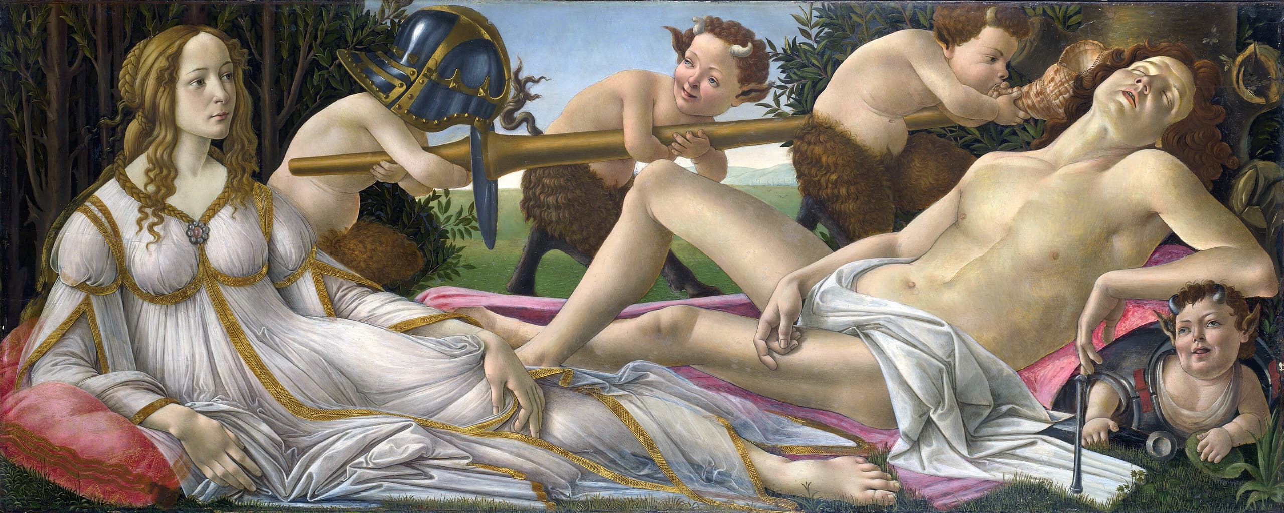 A wide panel: a clothed woman reclines on the left, watching a sleeping nude man on the right, while small satyrs play with discarded armour in a shallow wooded setting.