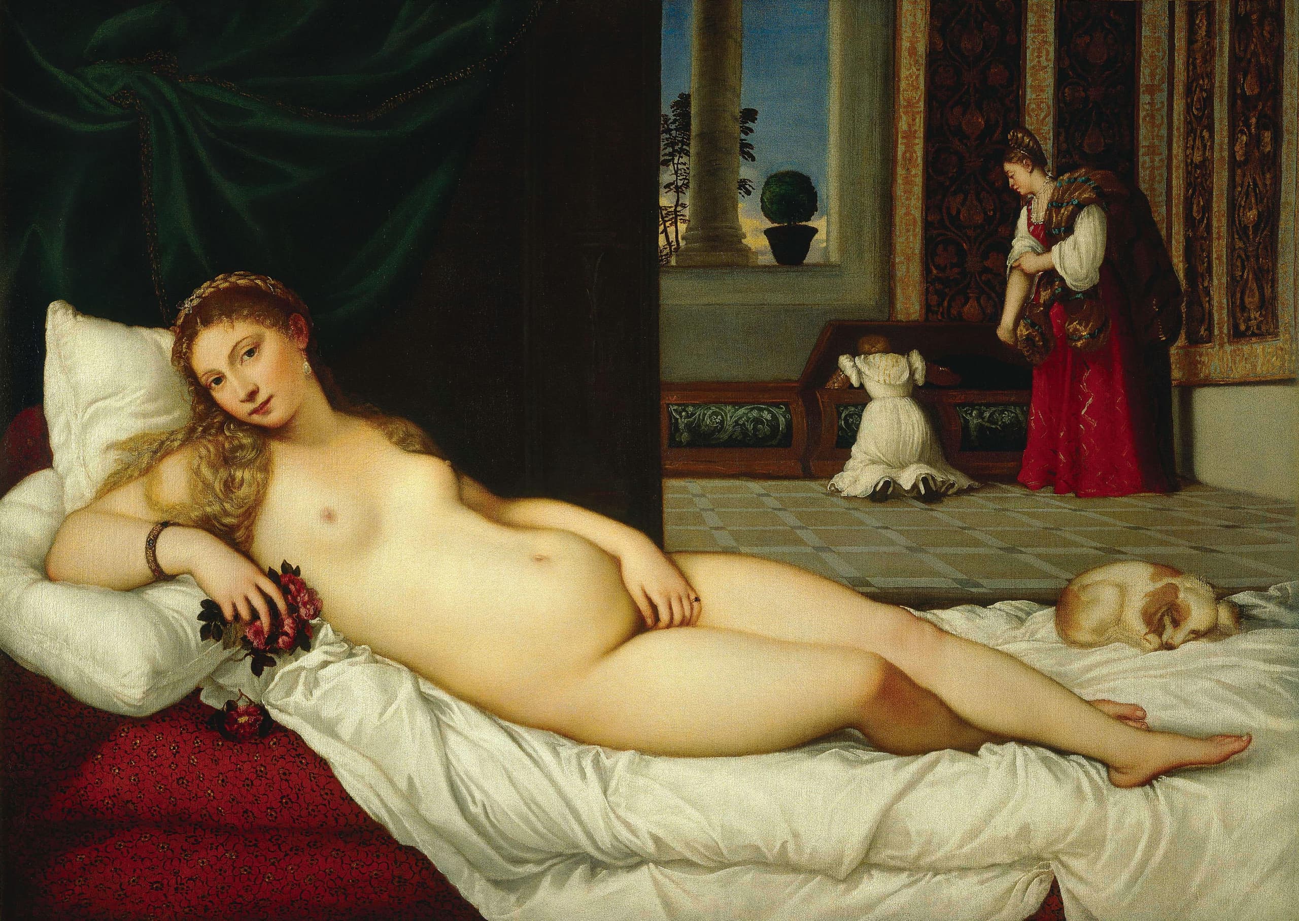 A nude woman reclines on a bed in a palace interior, her body turned toward us and her eyes meeting the viewer. One hand rests between her thighs; behind her the room deepens into further chambers.