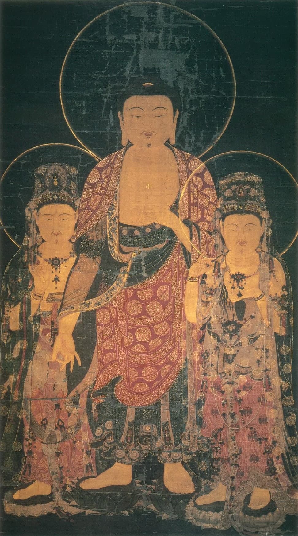 A seated figure in white robes with a transparent veil, against a dark ground, with a halo and jewellery rendered in gold that glows softly through the silk.