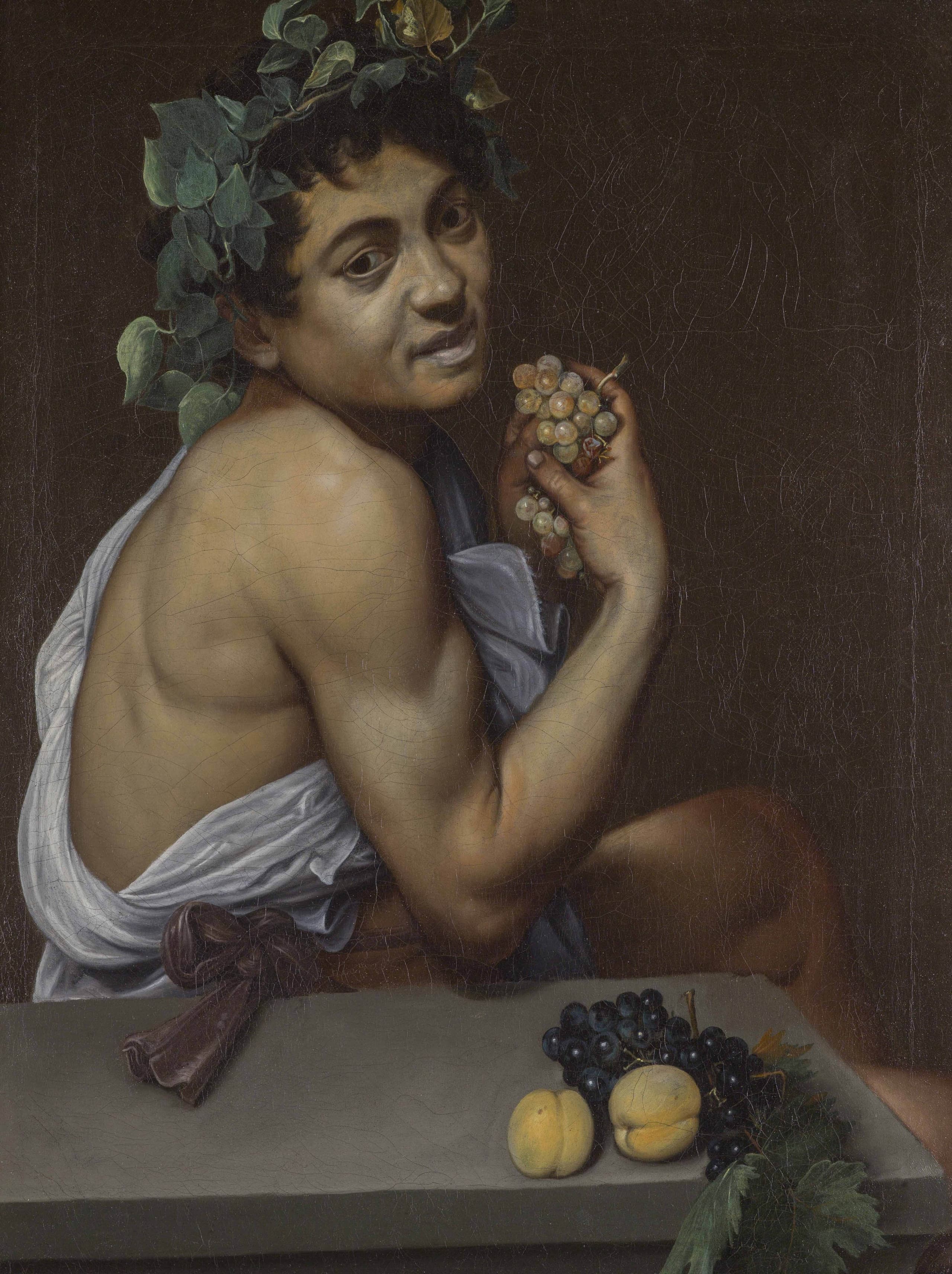 Half-length figure of a young man presented as Bacchus, modelled in strong light against deep shadow on a small upright canvas.