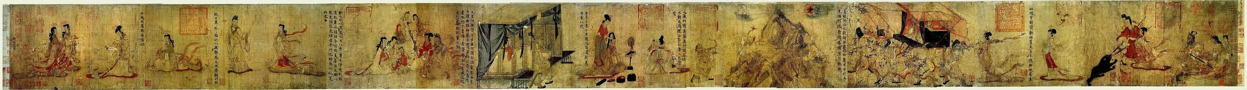A horizontal silk scroll painted with figures in ink and colour, showing scenes of palace women in flowing robes, with red collector seals in the margins and areas of fading and wear.
