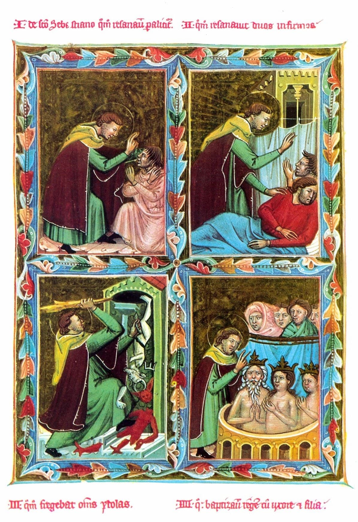 Illuminated parchment pages showing scenes from saints' lives, painted in the trecento style with figures in rich colours against gold backgrounds.