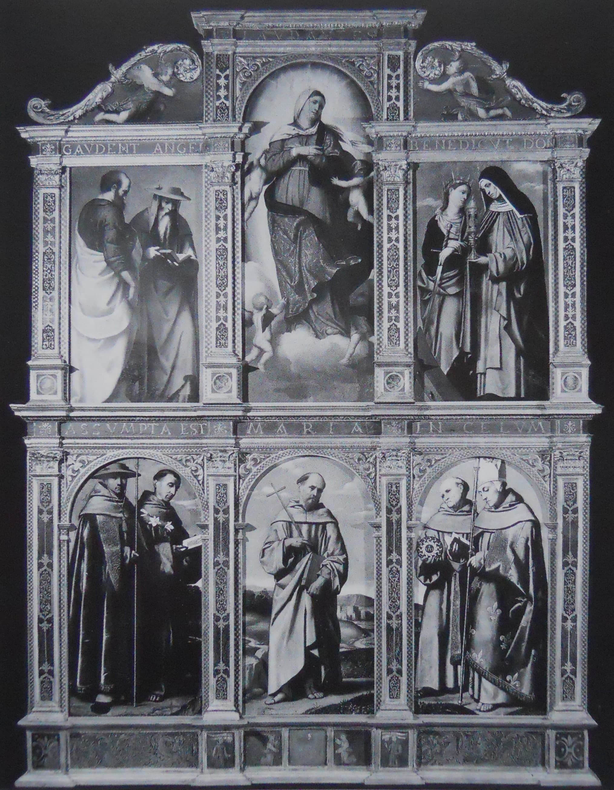 Multiple painted panels showing the Virgin and saints, now separated between museums in Milan and Paris.