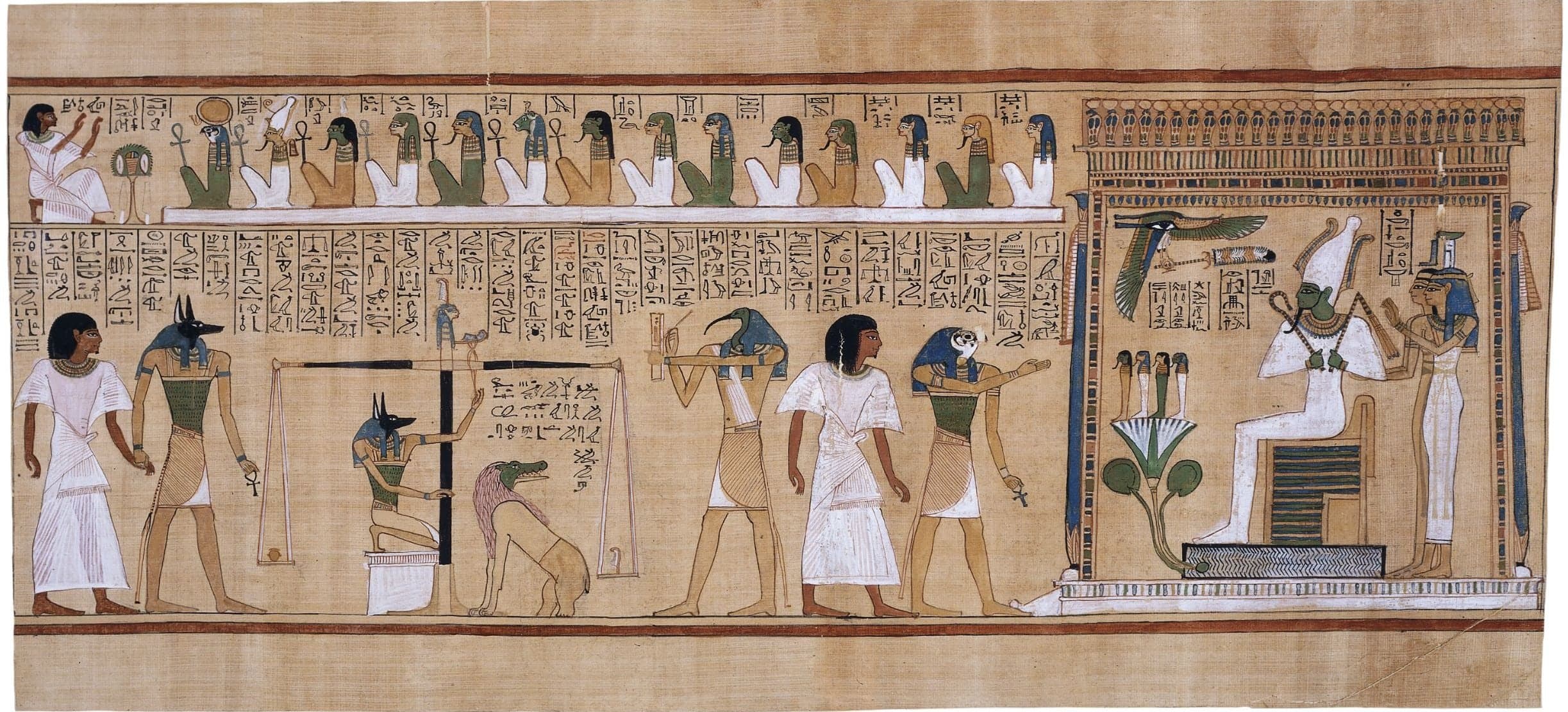 A horizontal papyrus painting showing the weighing of a heart scene: Anubis steadies a balance scale with a heart on one side and a feather on the other, while Thoth records the result and a composite creature crouches below. Rows of seated gods appear above, and Osiris sits enthroned at the right.