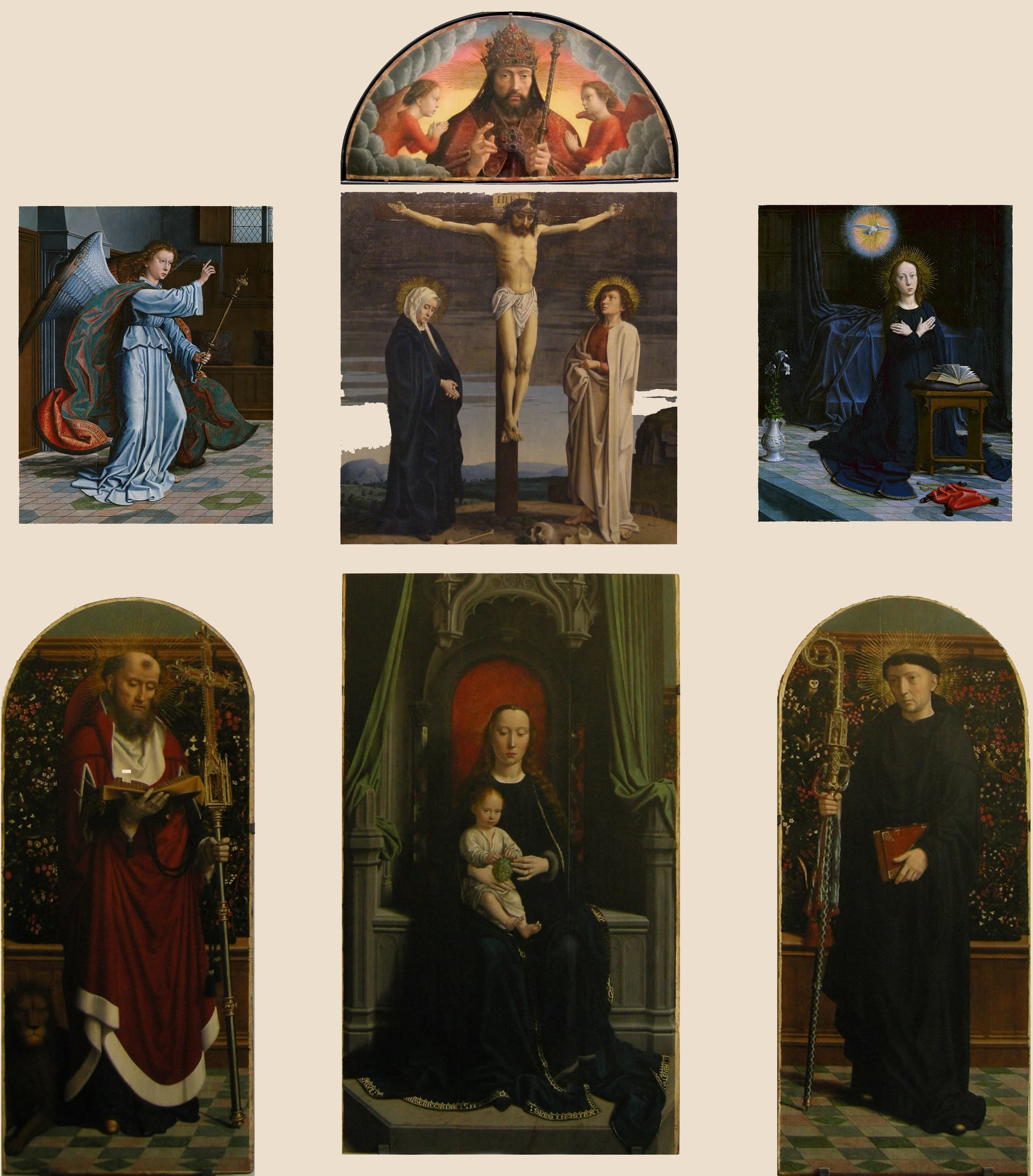 A large religious polyptych painted in oil on oak panel, measuring 255 centimetres (8 ft 4 in) high and 218 centimetres (7 ft 2 in) wide.