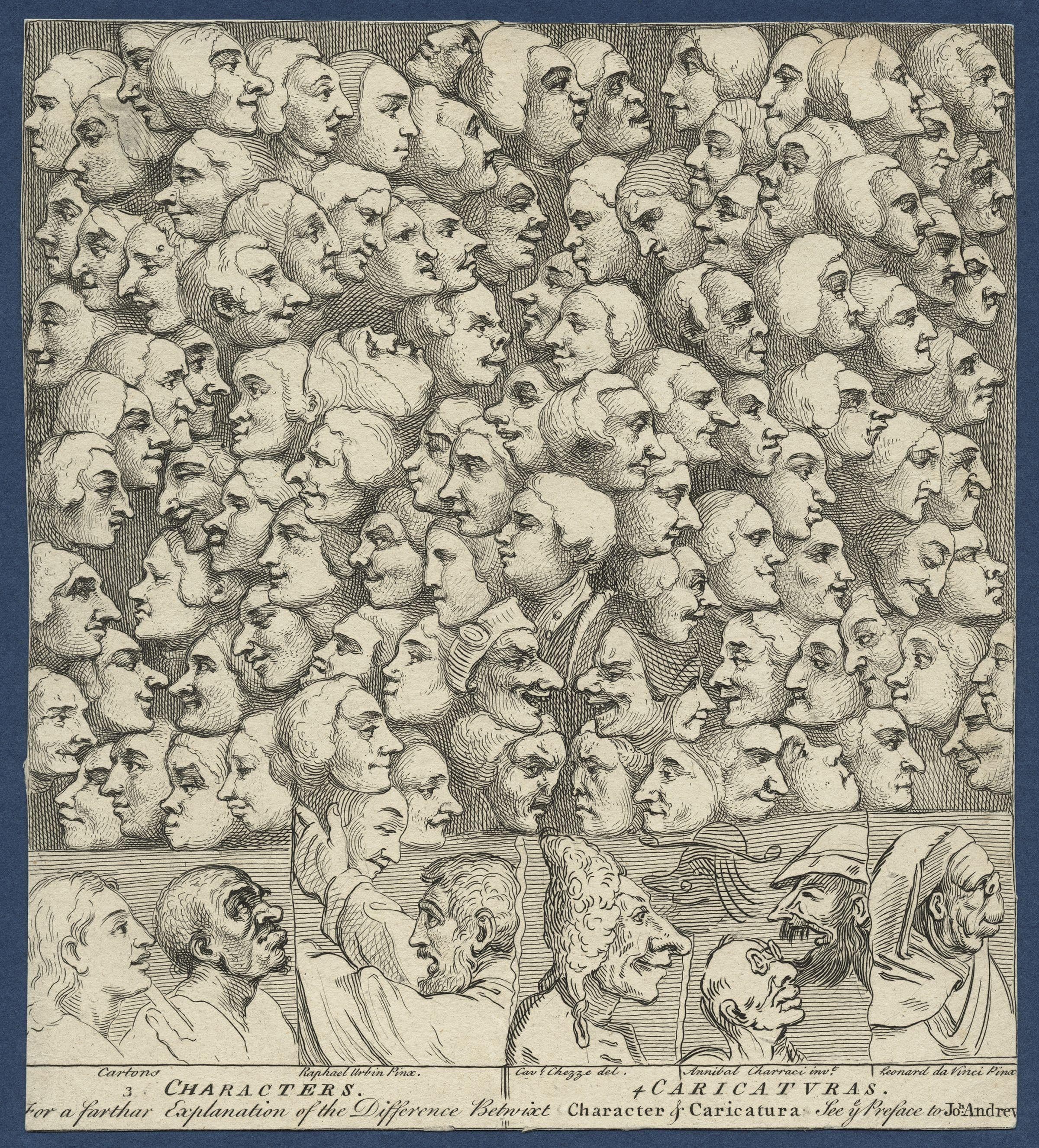 A print depicting a central figure of a woman whose nose is grotesquely enlarged and features its own eyes and mouth. The central face is flanked by two other figures: to the left, a man wearing glasses and holding a pipe; and to the right, a woman in a bonnet holding a child.