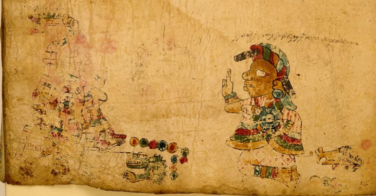 A manuscript page with pictorial figures and glyphs in the style of central Mexican codices, painted in traditional colours on prepared surface.